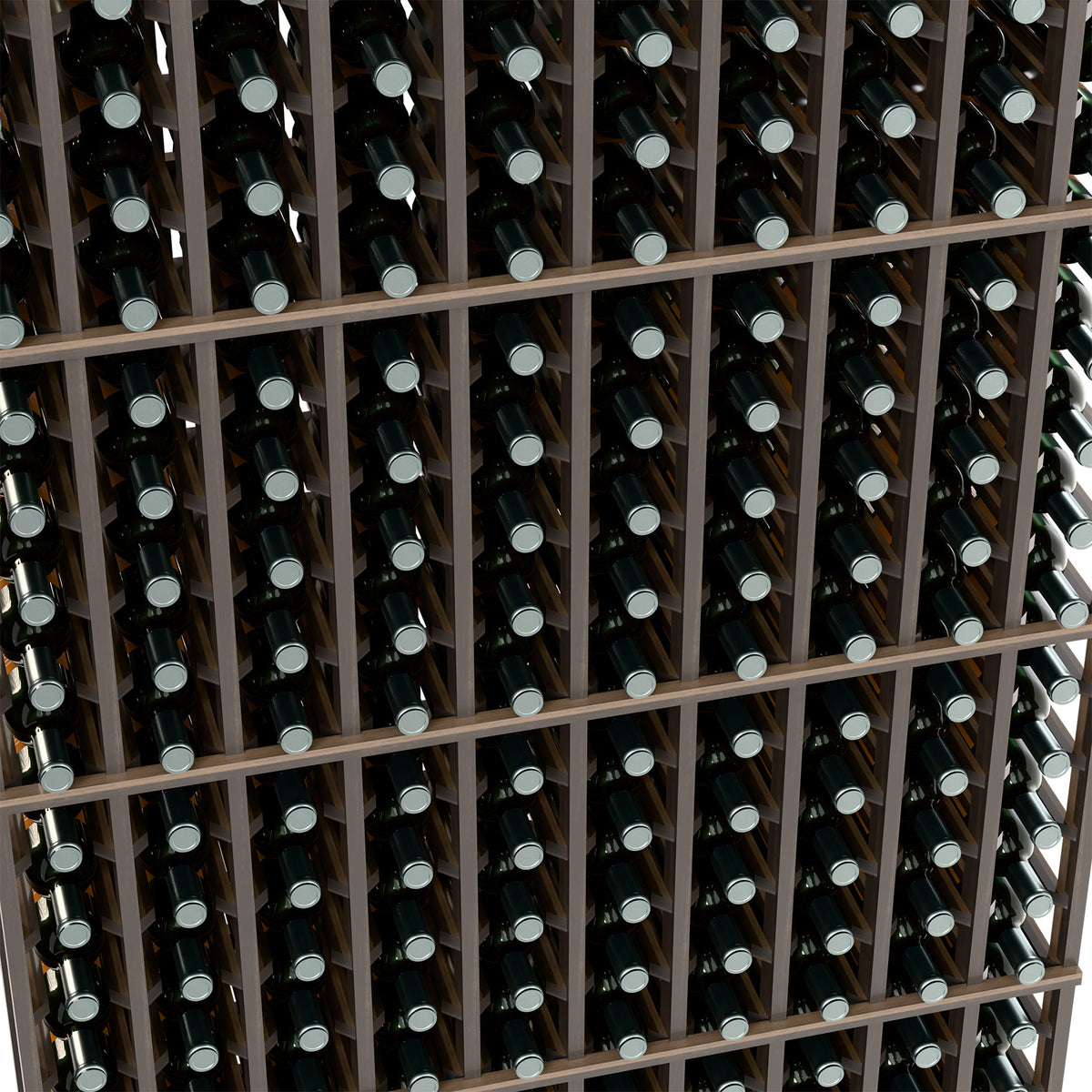 Close-up view of a black wine bottle rack with evenly spaced bottle openings