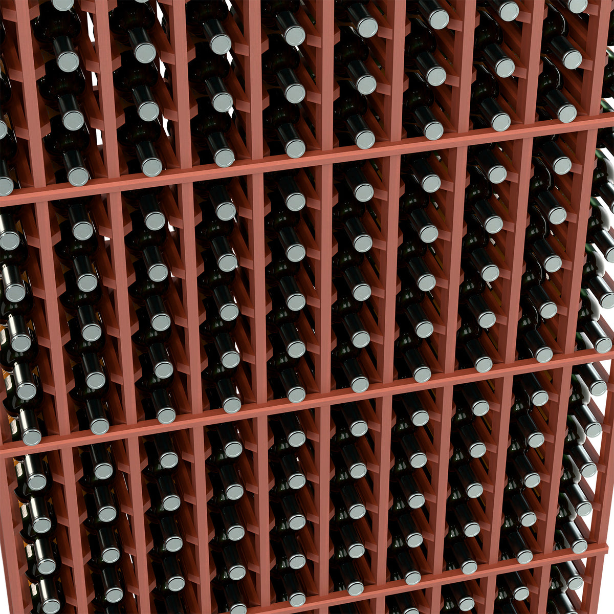 Close-up of red wine bottle rack with grid rows of bottle slots