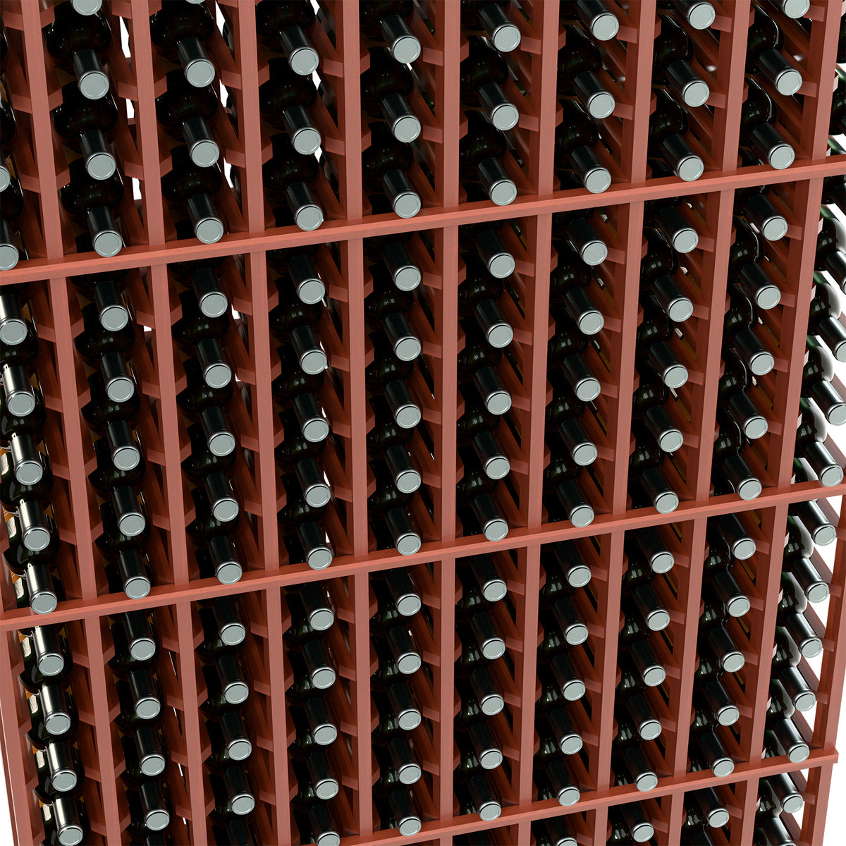 Close-up of red wine bottle rack showing evenly spaced bottle openings
