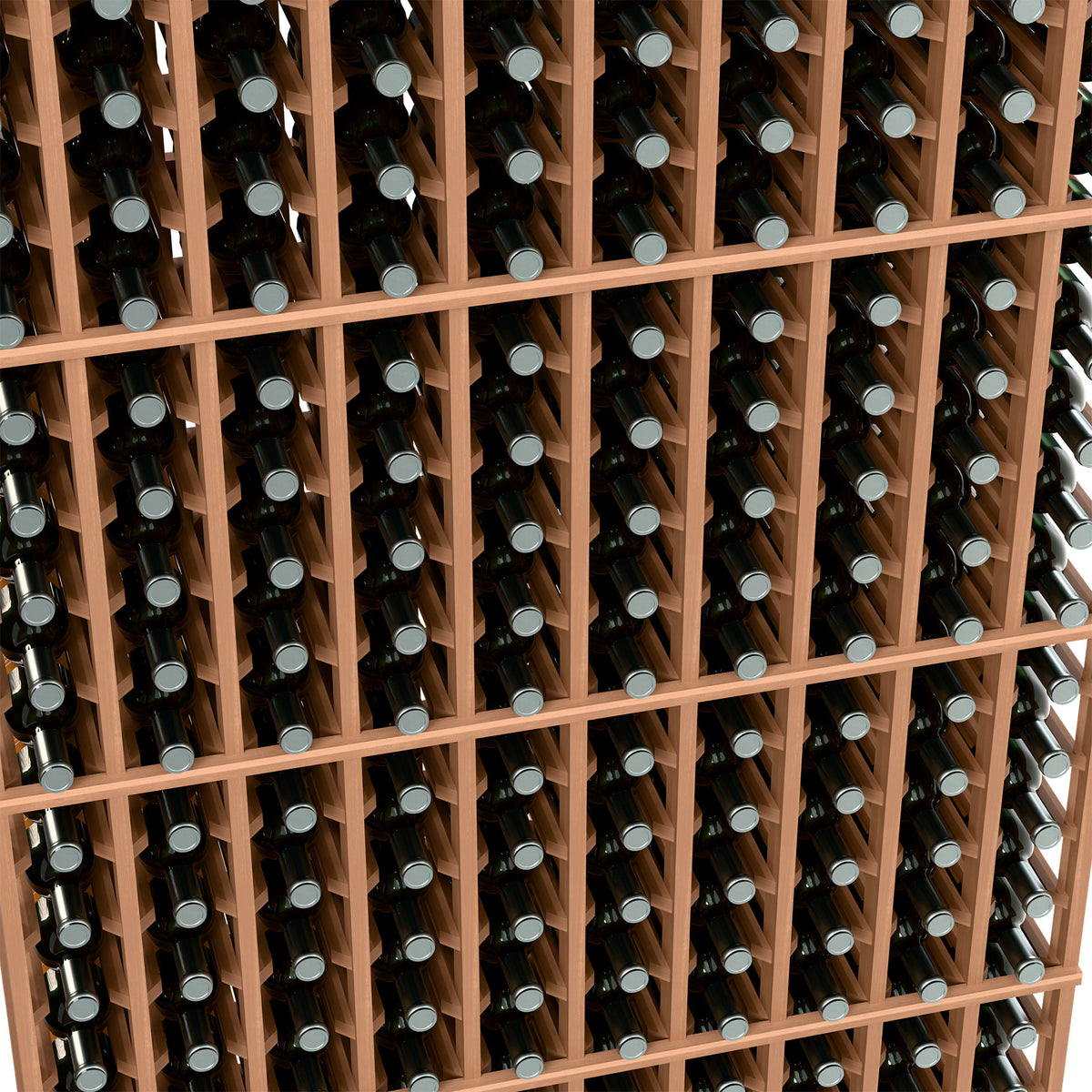 Close-up of light wood wine bottle rack with grid rows of bottle openings