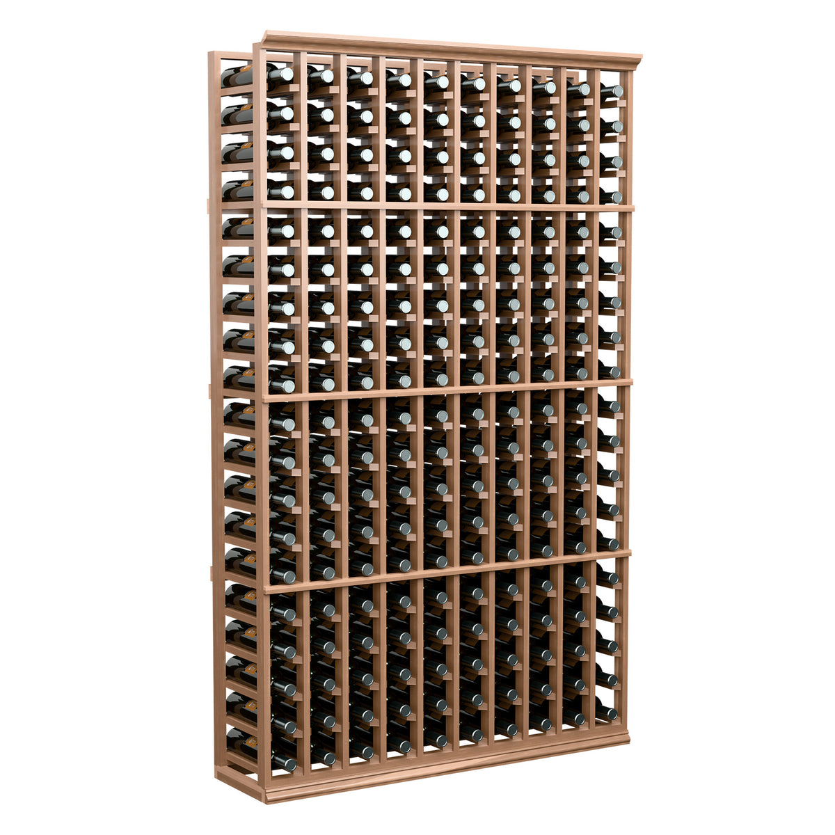 10-column wine bottle rack with wooden frame, holding wine bottles in rows