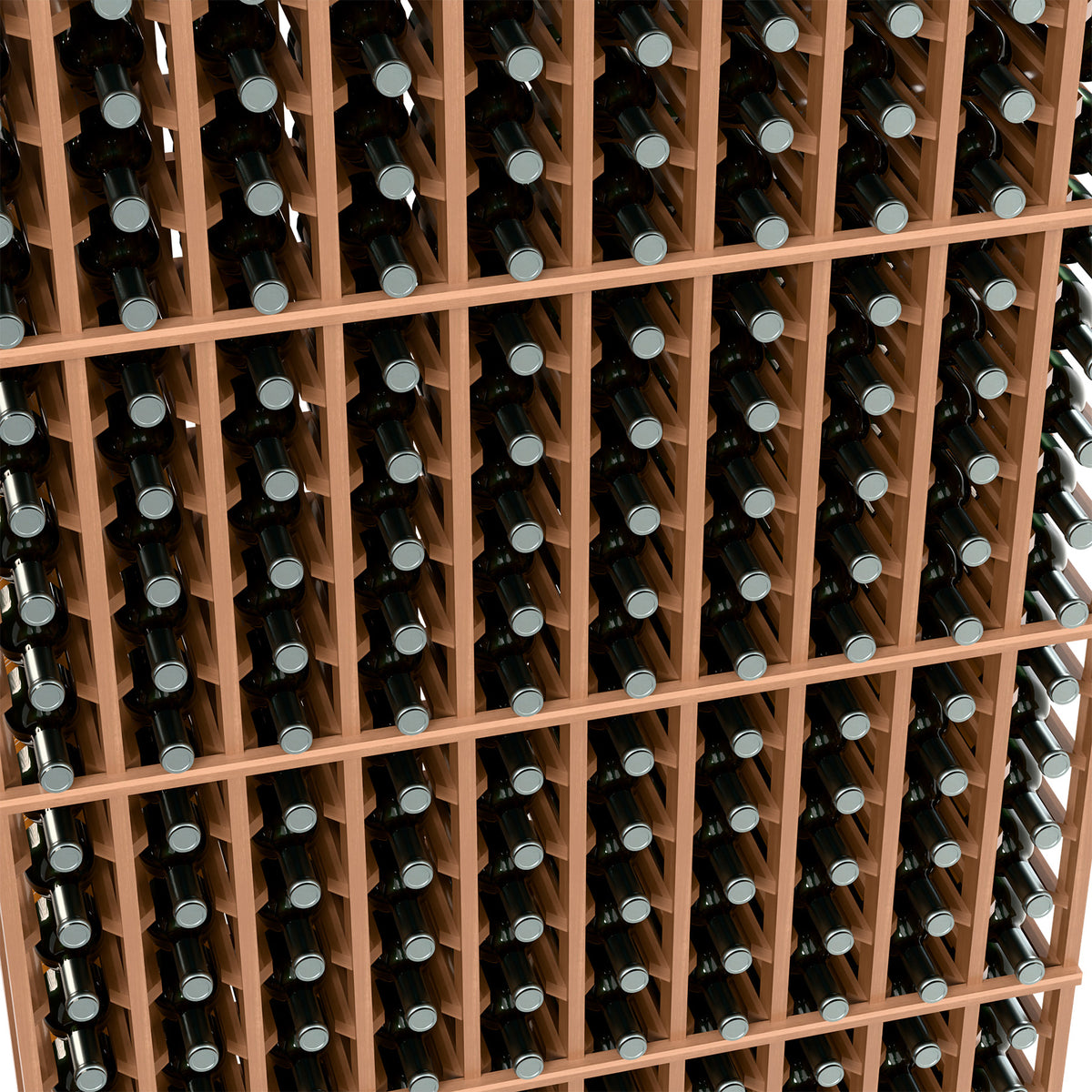 Wood wine bottle rack close-up, rows of dark bottles in a square grid