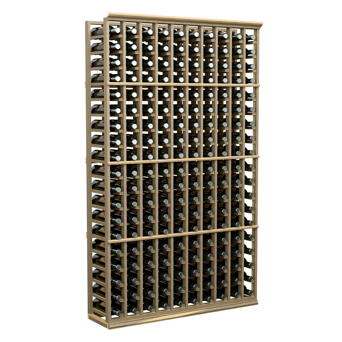 10-column wine bottle rack with wooden frame and bottle slots across the front