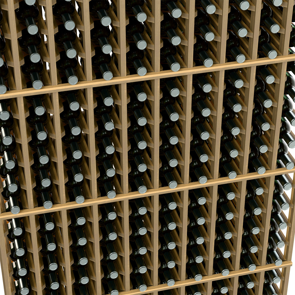 Wood wine bottle rack close-up showing bottle rows in square compartments