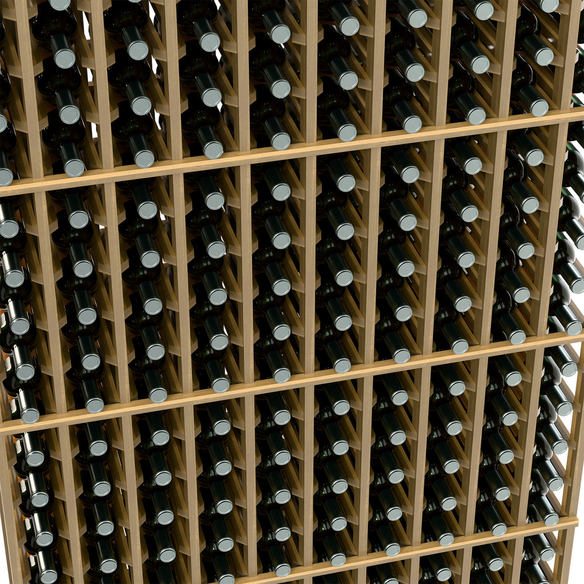 Wood wine bottle rack close-up with multiple bottle rows in a grid shelf system