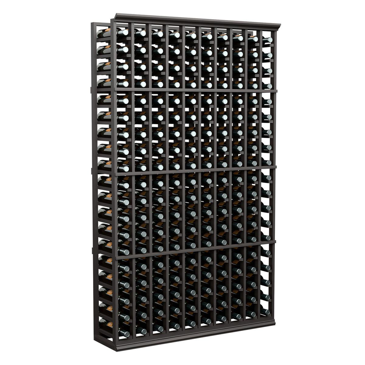 10-column wine bottle rack with black frame, holding wine bottles in rows
