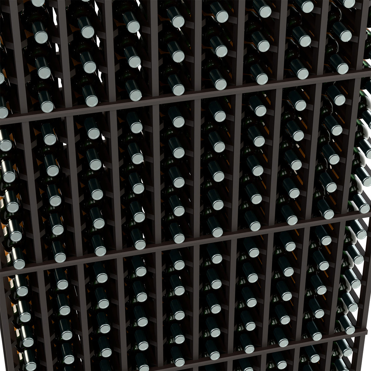 Black wine bottle rack close-up showing bottle rows in square compartments