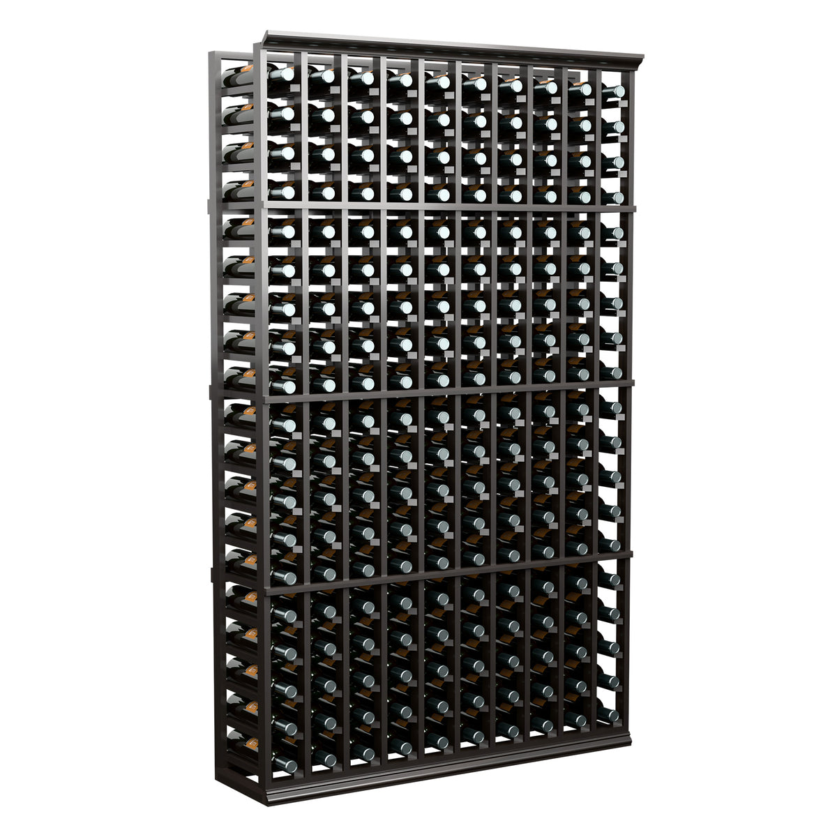 10-column wine bottle rack with black frame, neatly storing wine bottles in rows