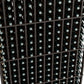 Black wine bottle rack close-up with multiple bottle rows in a grid shelf system