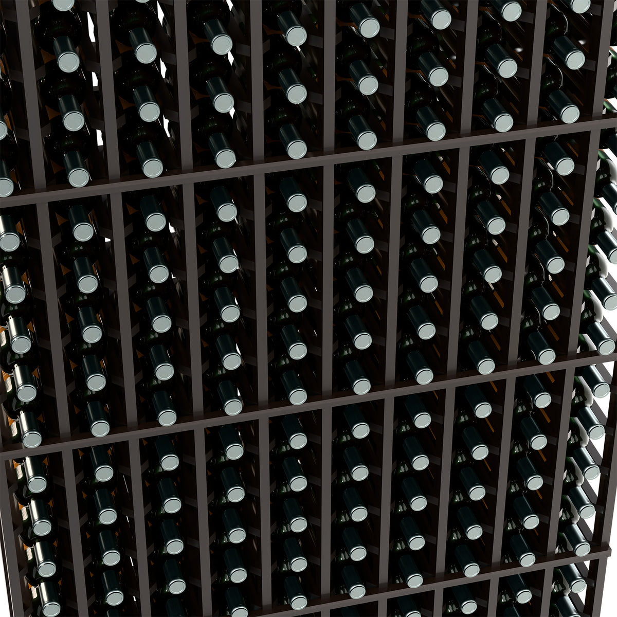 Black wine bottle rack close-up with multiple bottle rows in a grid shelf system