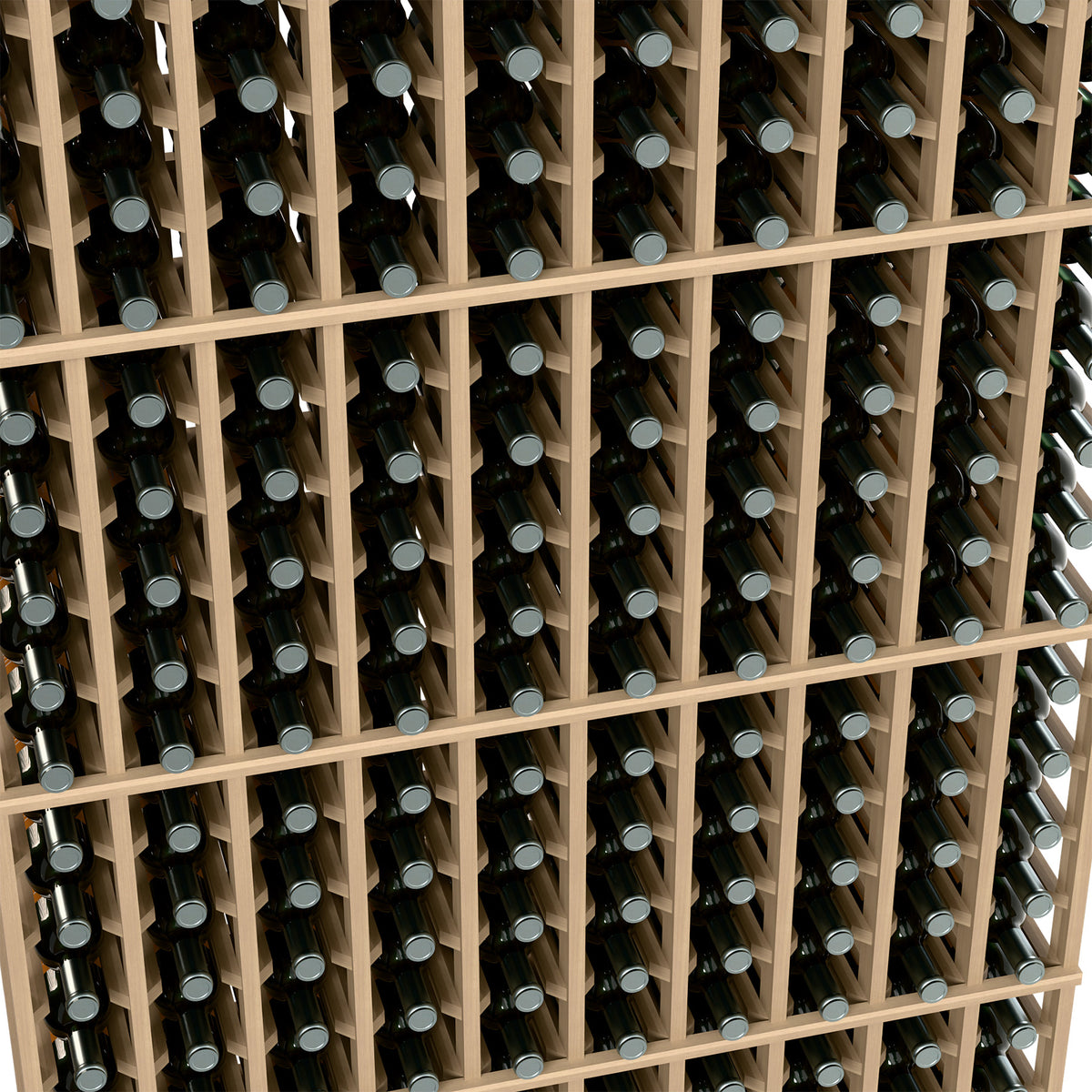 Light wood wine rack grid holding multiple wine bottles in vertical slots