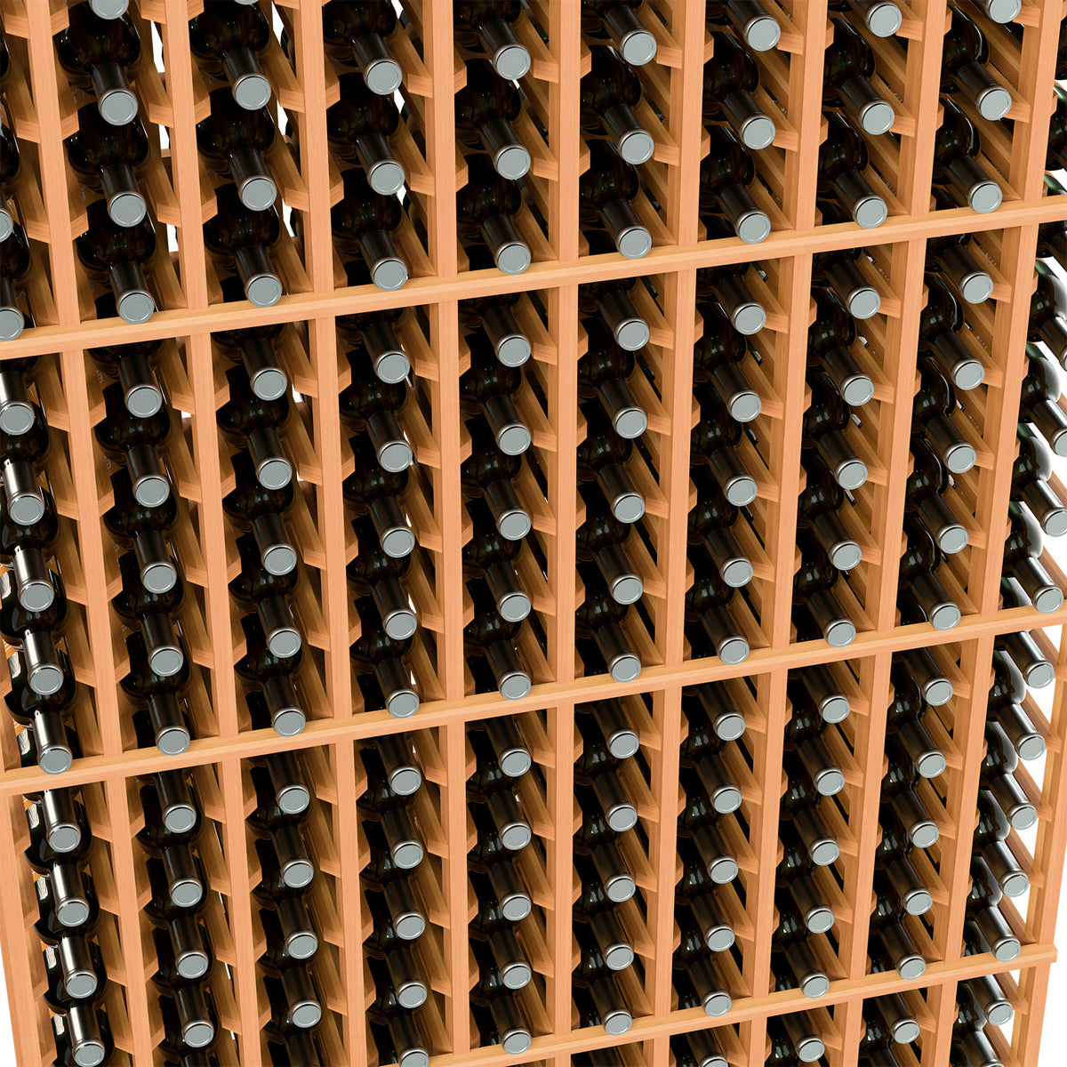 Warm orange wood wine rack grid with multiple bottles in vertical slots