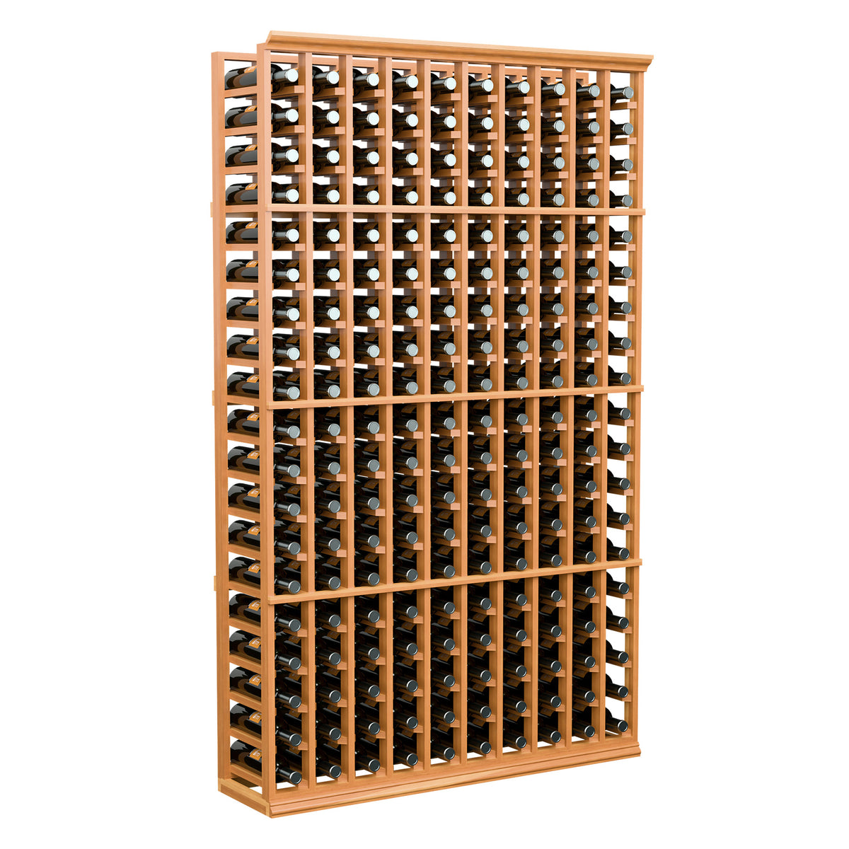 Freestanding 10-column wine bottle rack, front view, warm orange wood frame