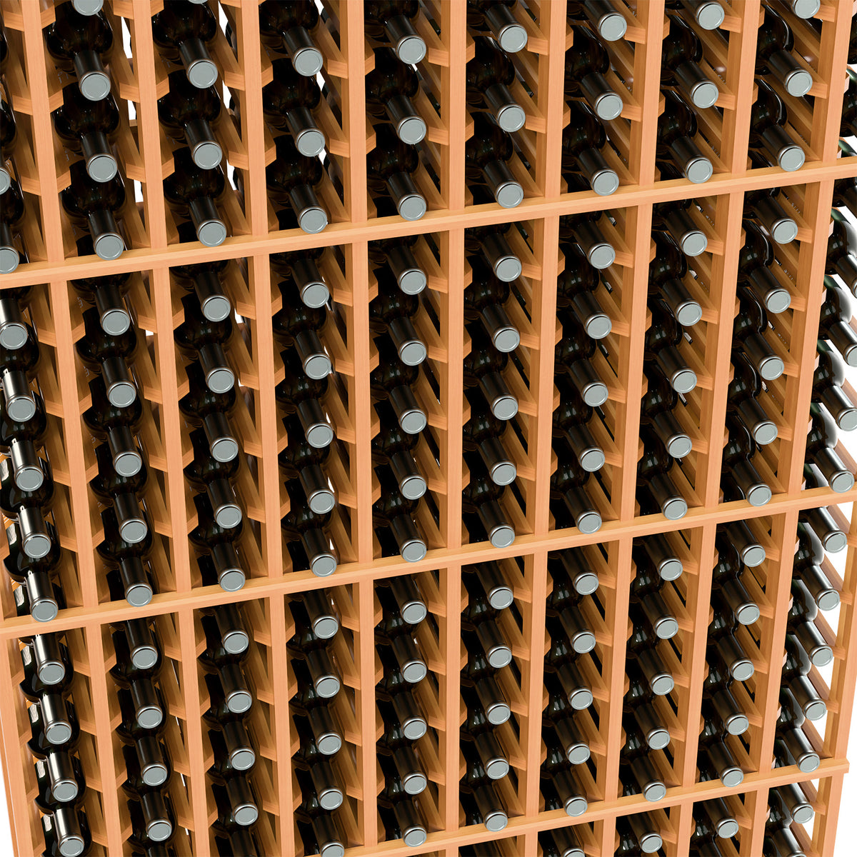 Close-up of warm orange wood wine rack with bottles in vertical slots