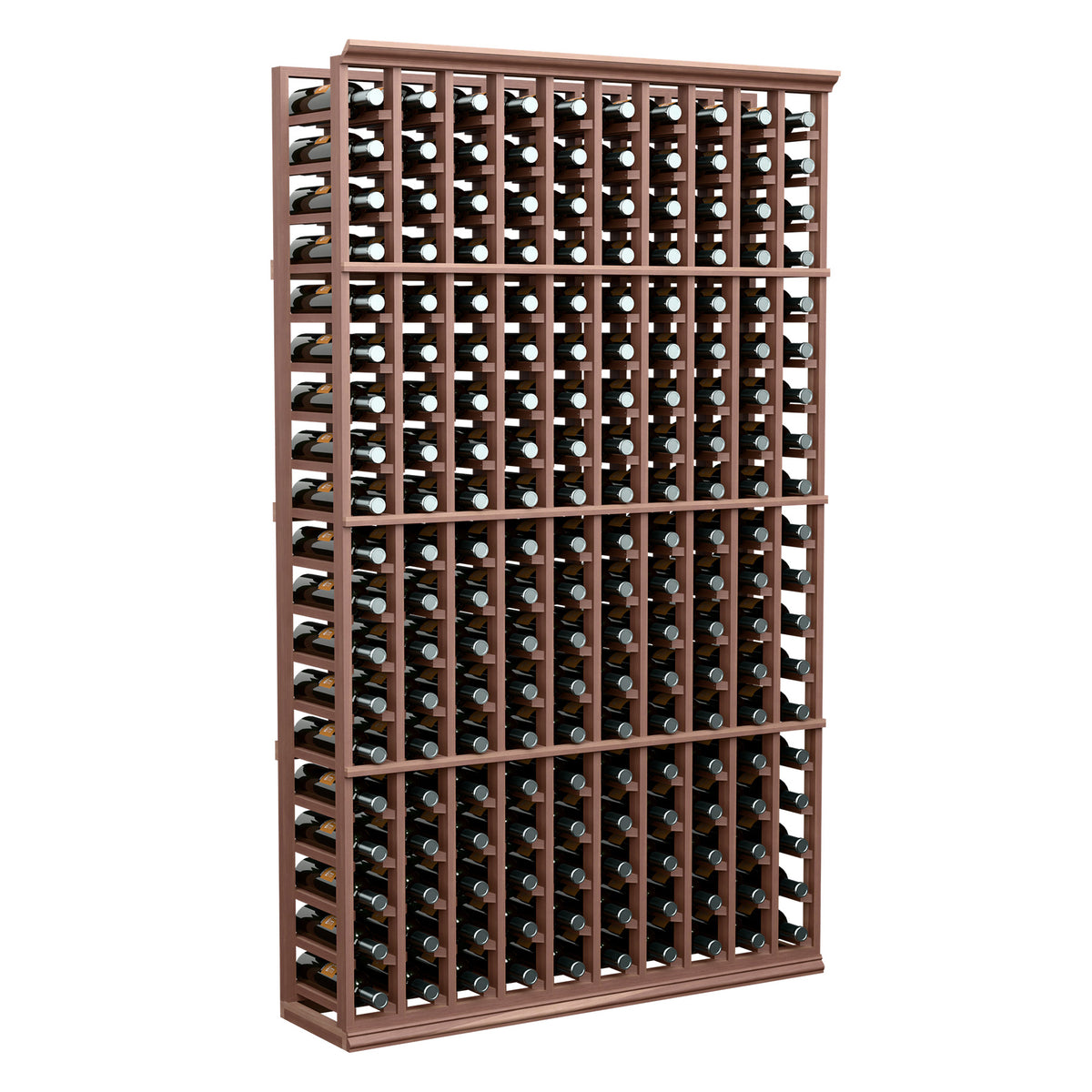 10-column wine bottle rack with dark wood frame and open bottle slots