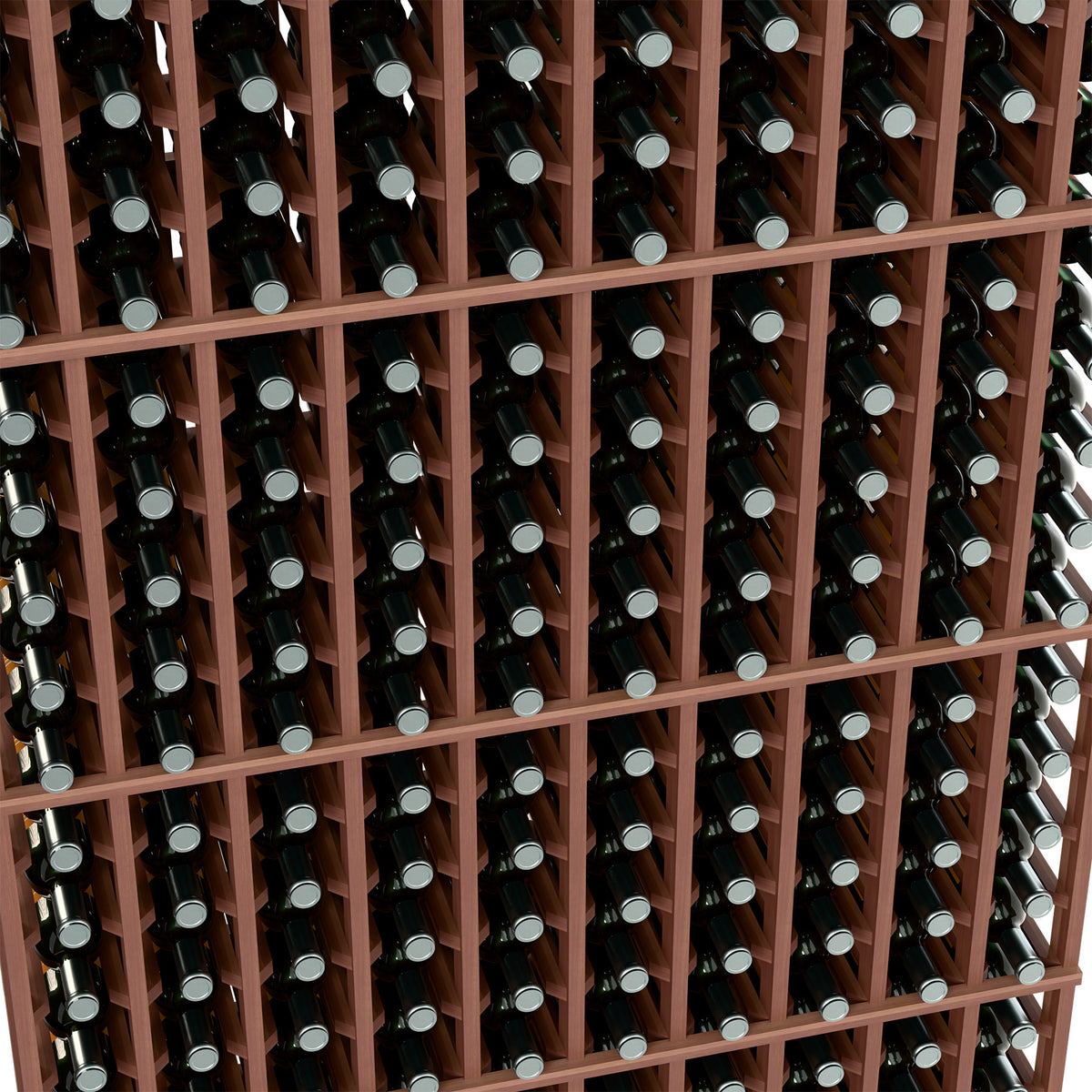 Close-up of dark wood wine rack grid holding multiple wine bottles in slots