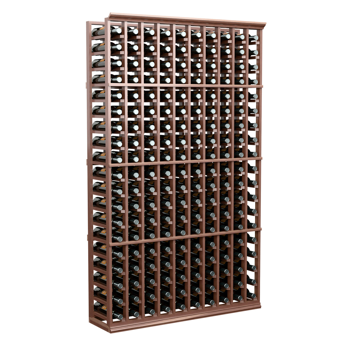 10-column wine bottle rack, 6-ft tall, dark wood frame with arched bottle slots
