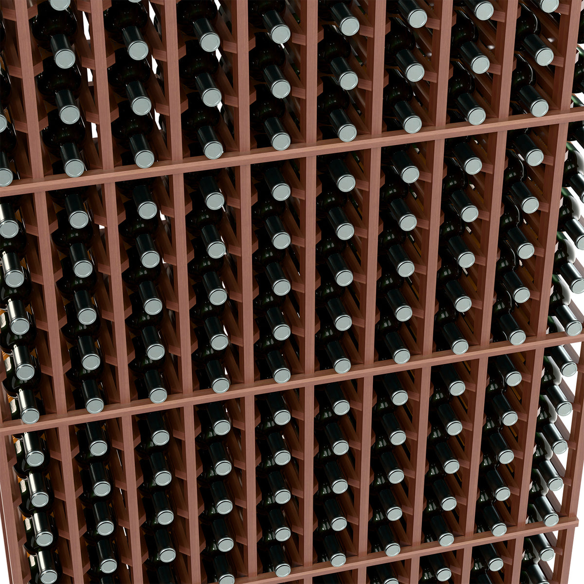 Close-up of wine bottle rack cells with dark bottles in a dark wood grid