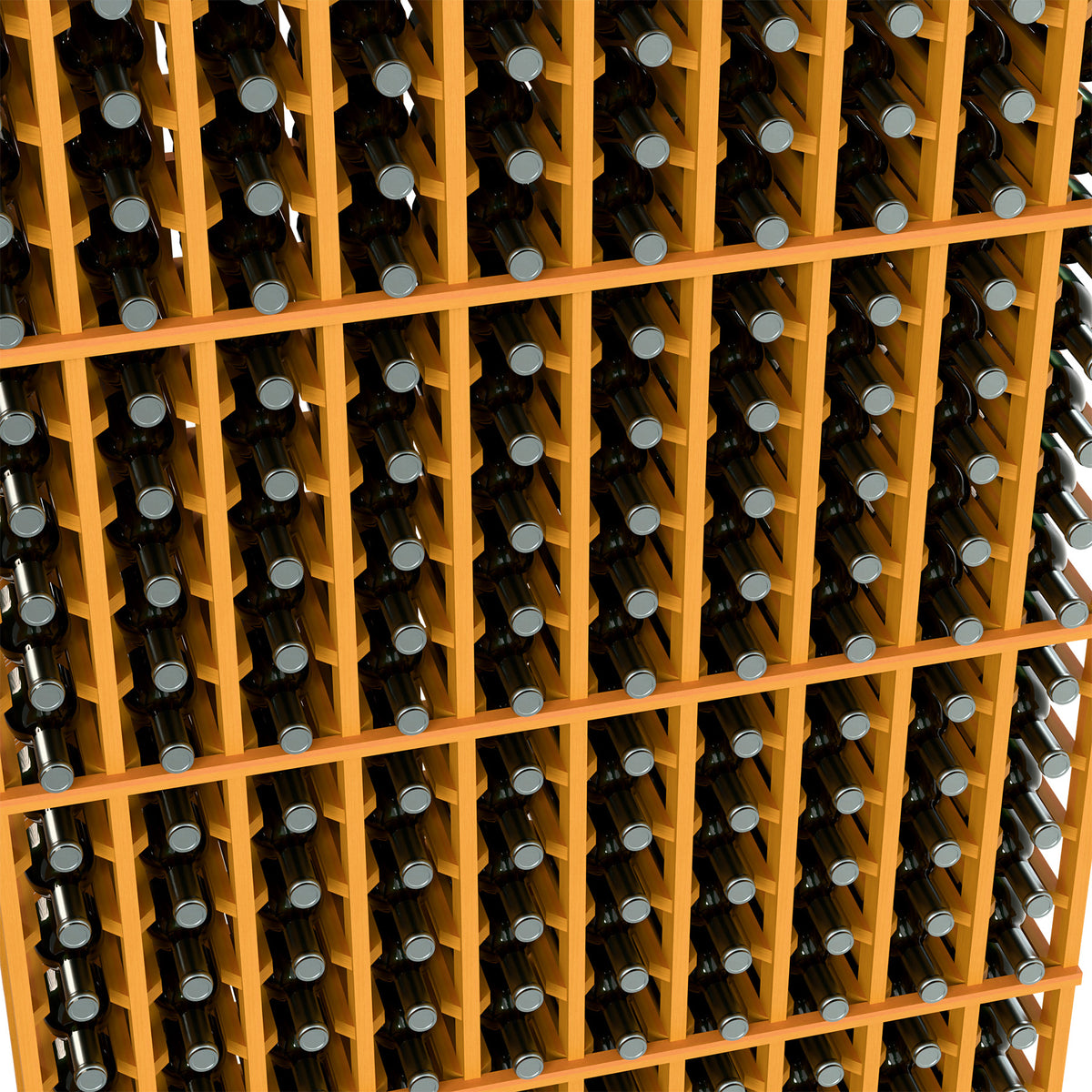 Close-up of wine bottle rack cells with dark bottles in a light wood grid