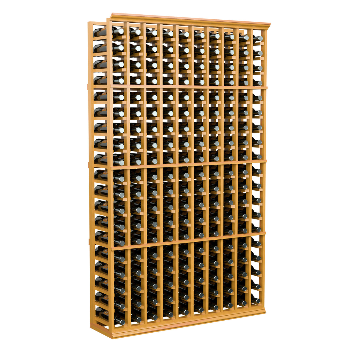 10-column wine bottle rack, 6-ft tall, honey-colored wood frame with arched bottle slots