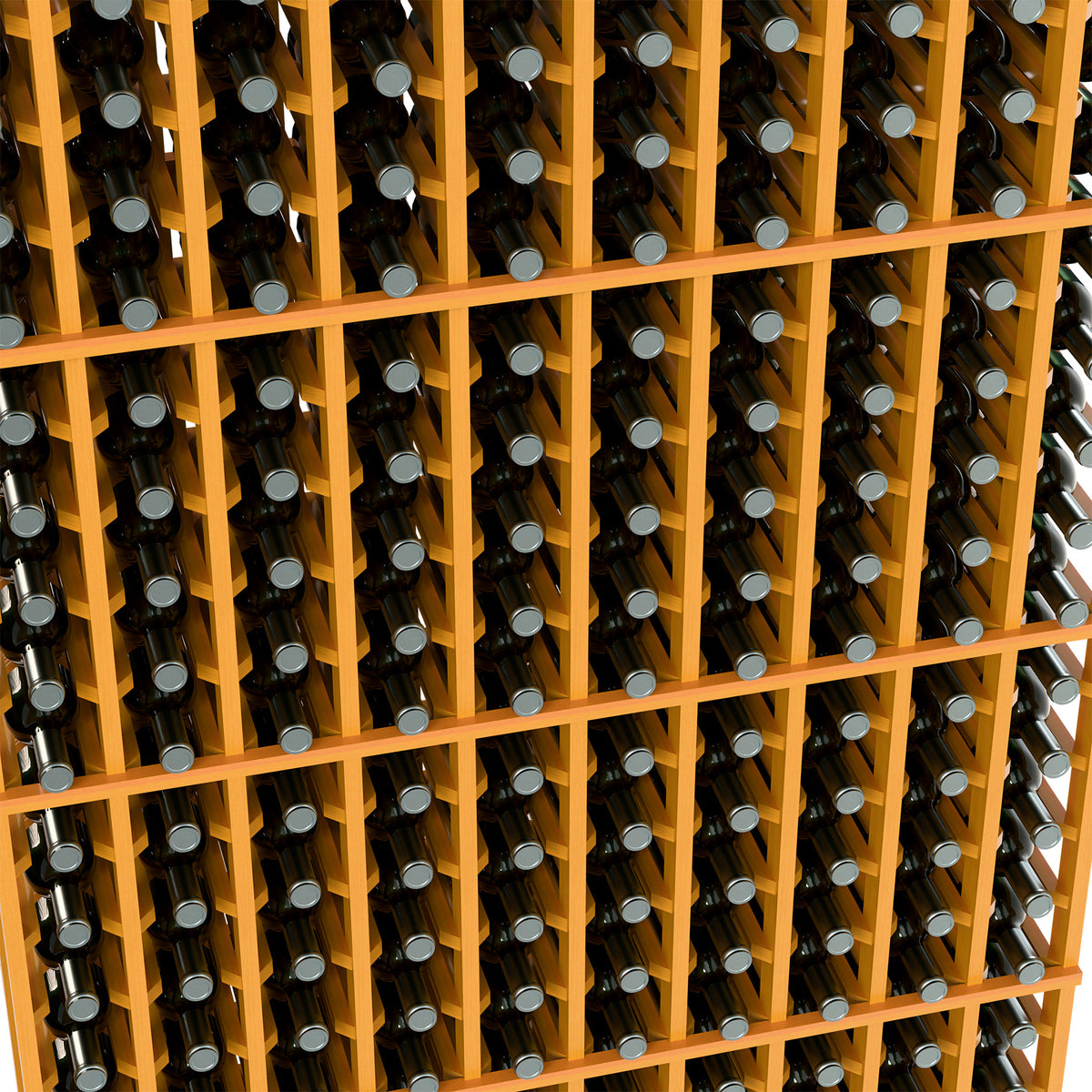 Close-up of wine bottle rack with dark bottles and honey-colored wood dividers