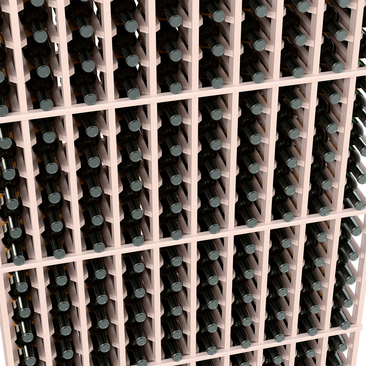 Close-up of wine bottle rack cells with dark bottles in a light gray grid