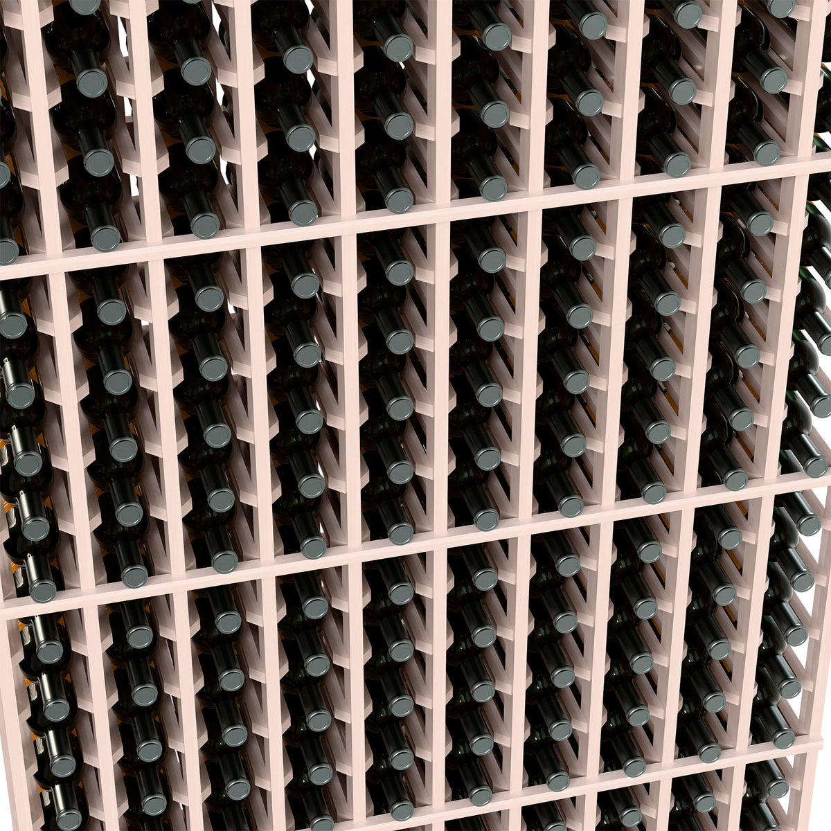 Close-up of wine bottle rack cells with dark bottles in a white wood grid