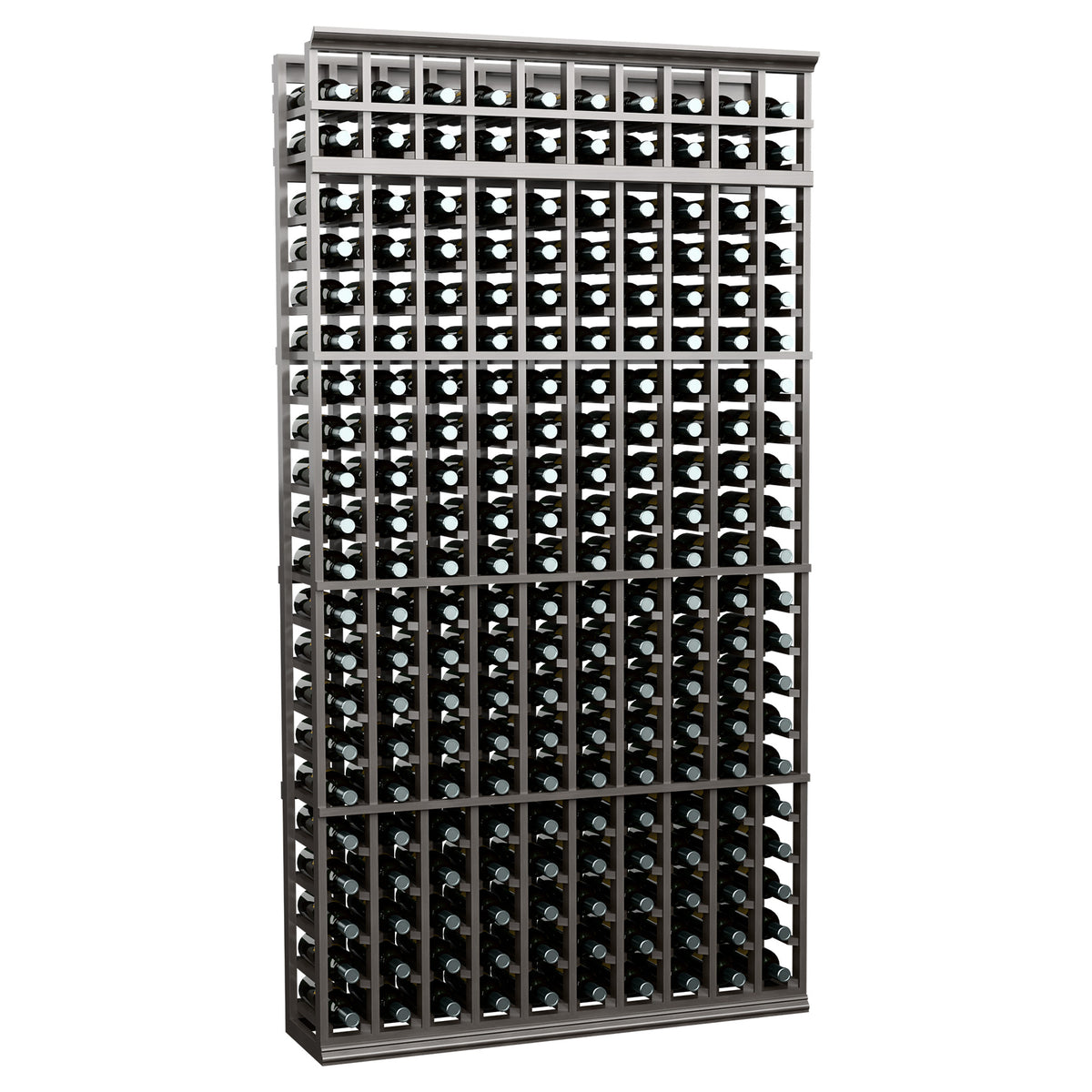 Wine bottle rack with black frame and 10 columns, front-facing bottle storage.
