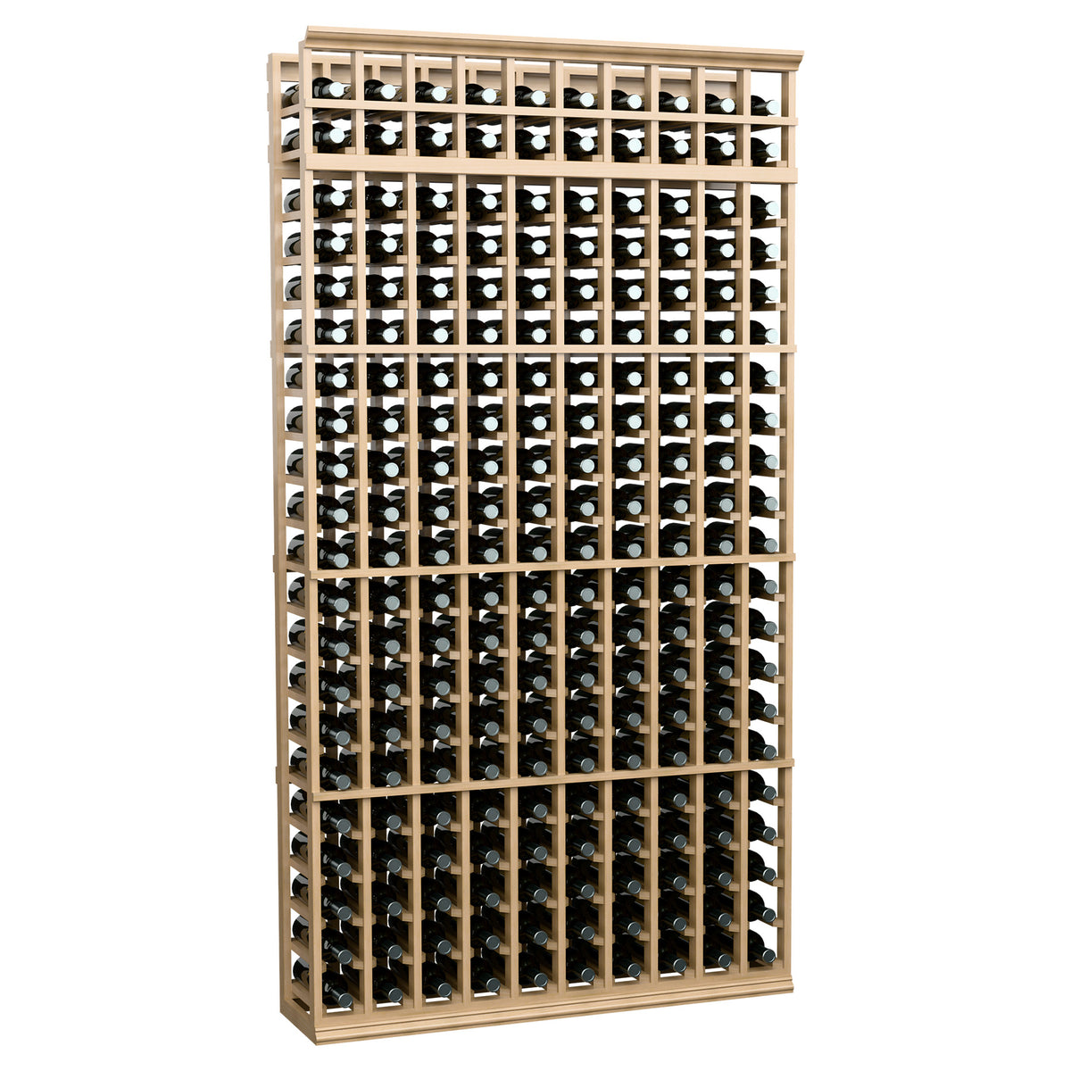 Wine bottle rack with natural light wood frame, 10 columns, bottles stored upright.