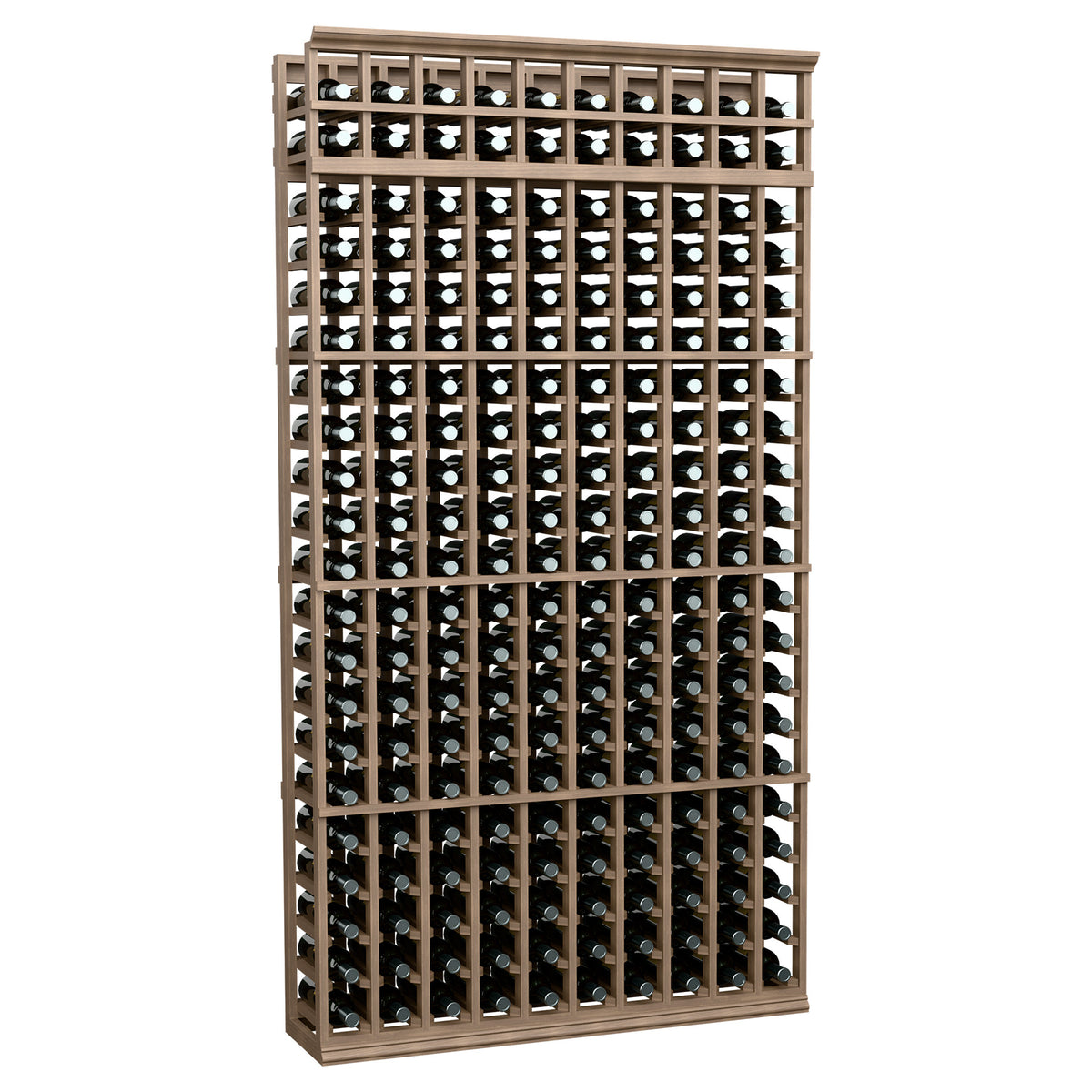 Wine bottle rack with medium brown wood frame, 10 columns, bottles in vertical slots.