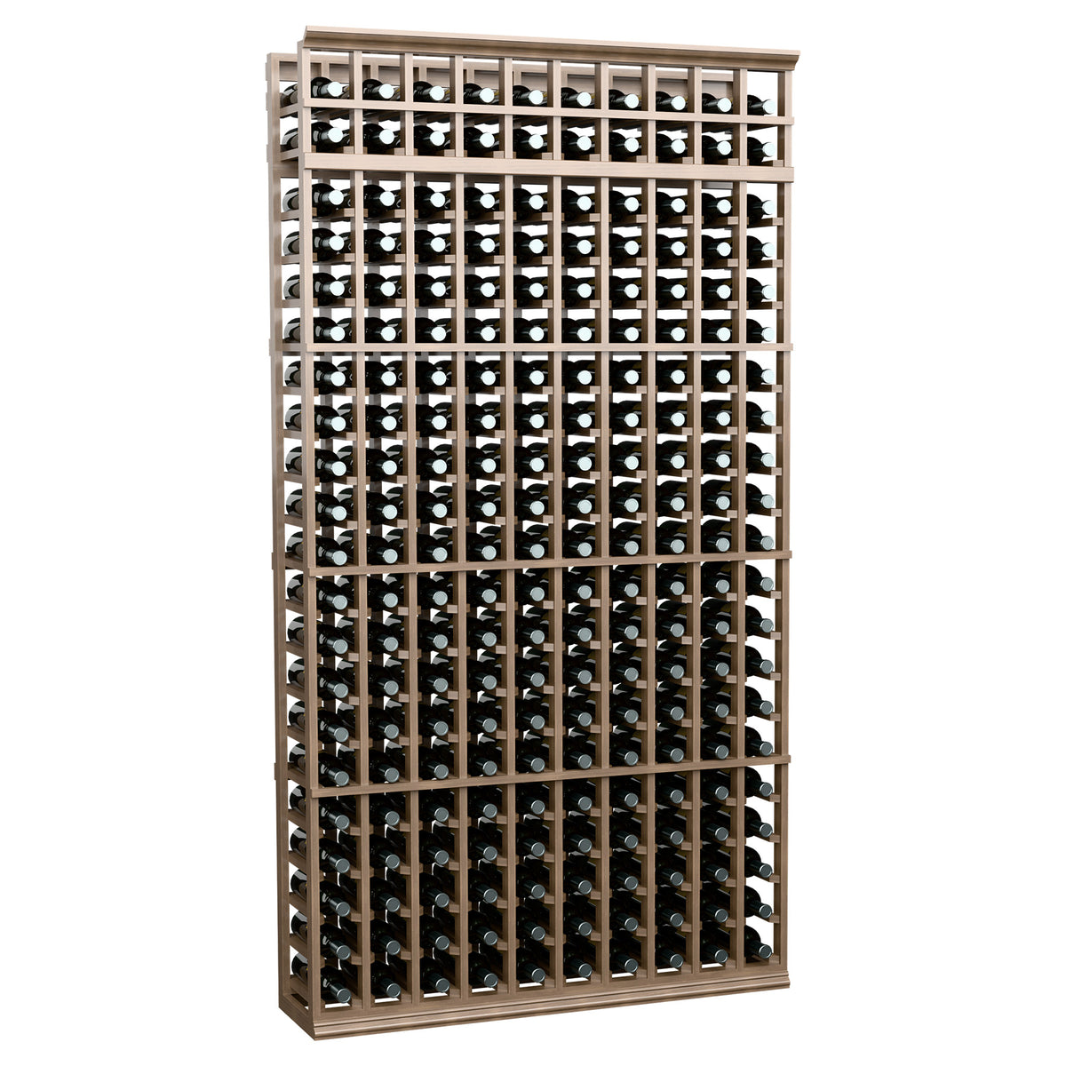 Wine bottle rack with pale tan wood frame, 10 columns, front-facing bottle storage.