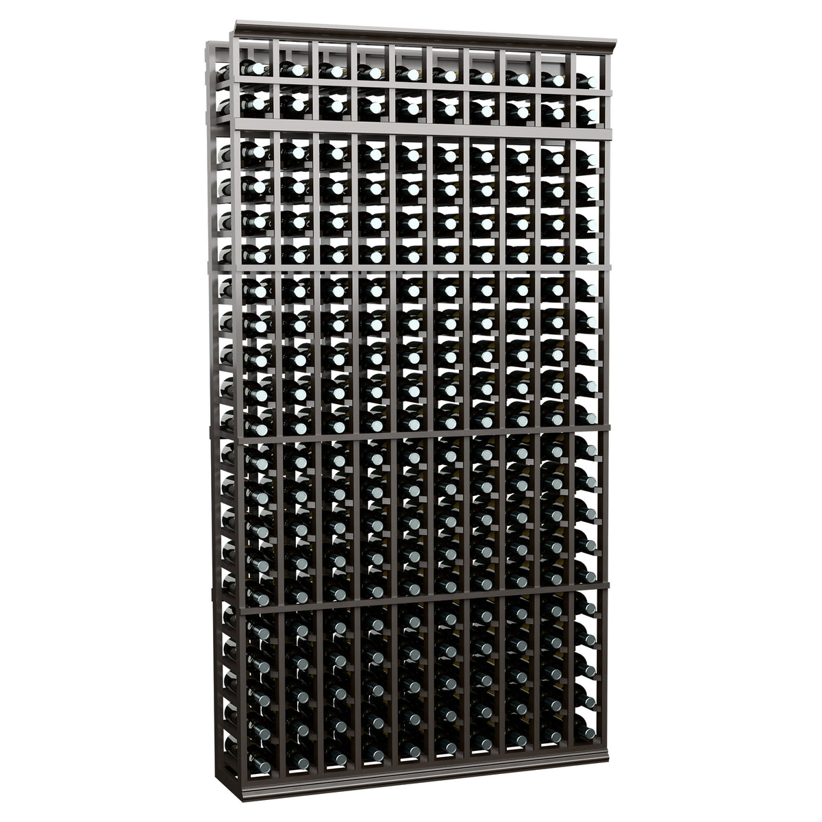 Wine bottle rack with dark charcoal frame, 10 columns, bottles in grid slots.