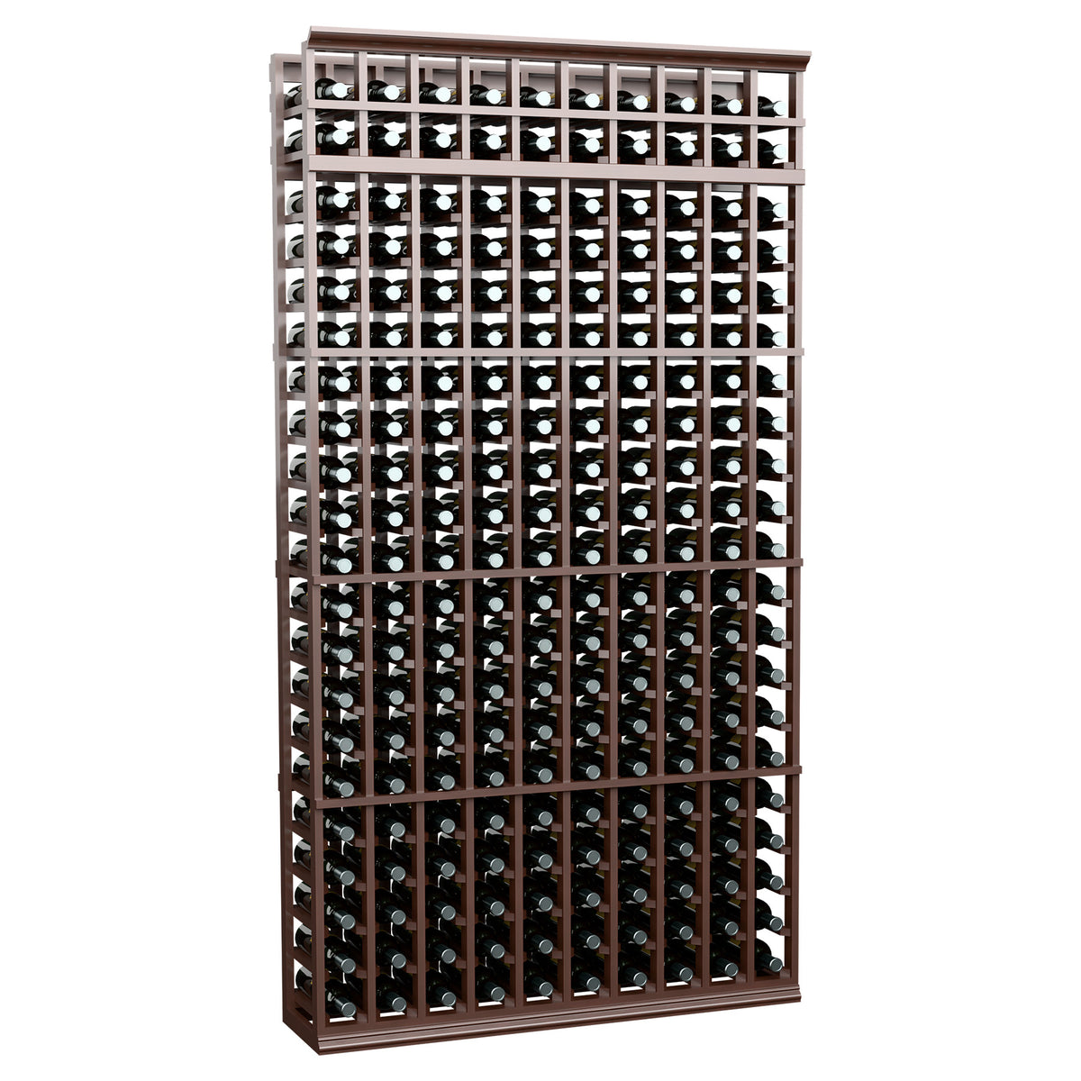 Dark brown 7-foot wine bottle rack, front view with 10-column grid