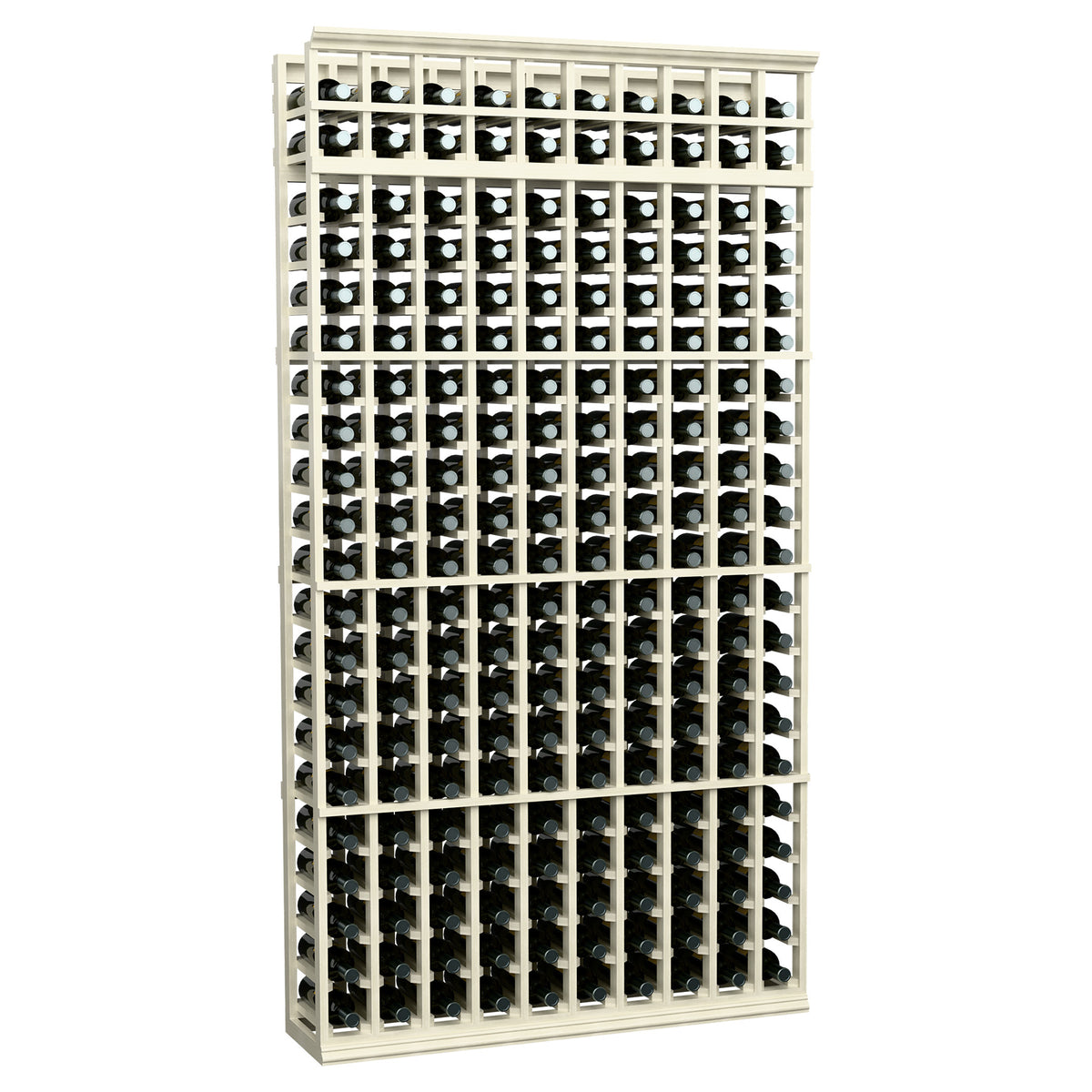 Off-white 7-foot wine bottle rack, front view with 10-column bottle grid