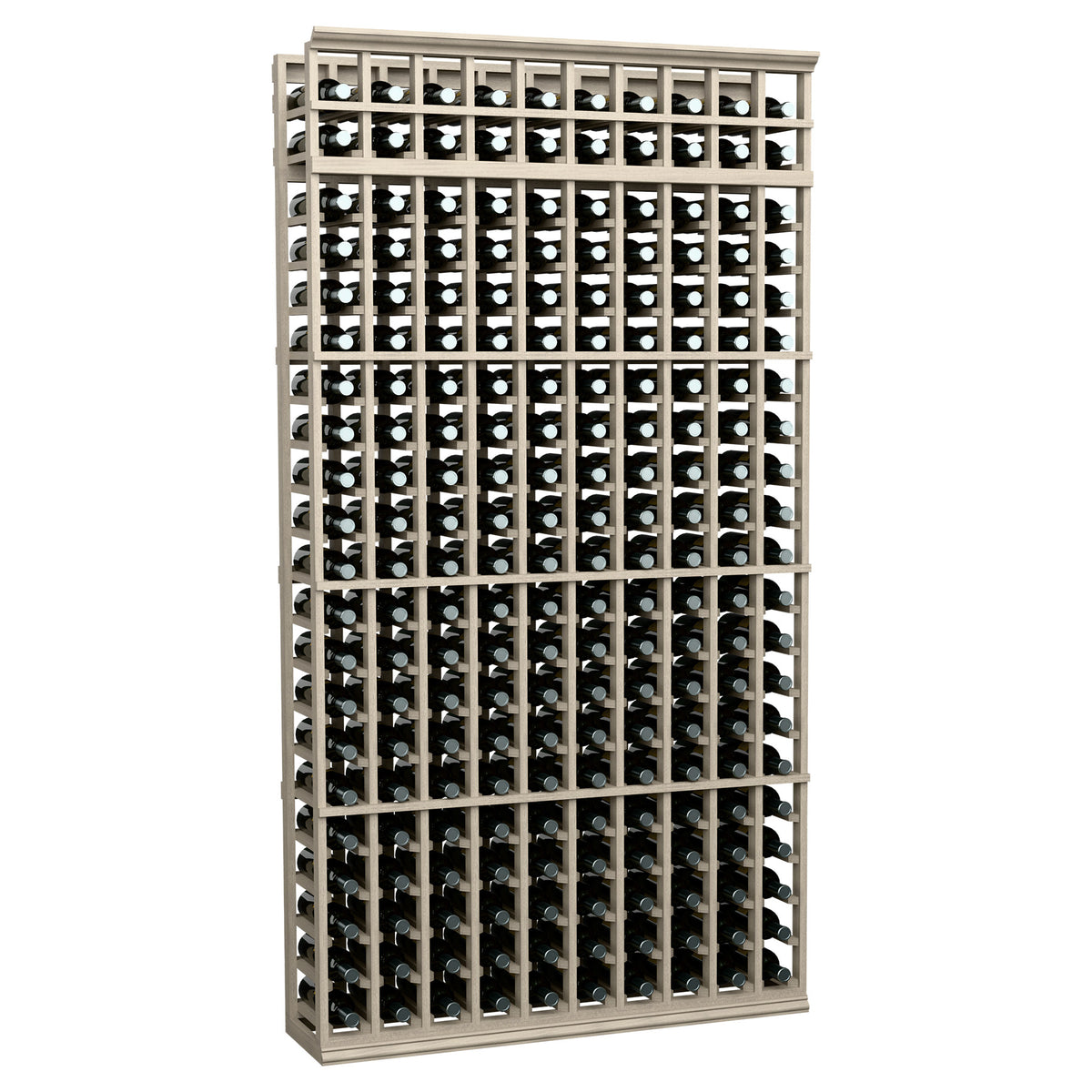 Tall wine bottle storage rack with light gray wooden frame and bottle-holder grid