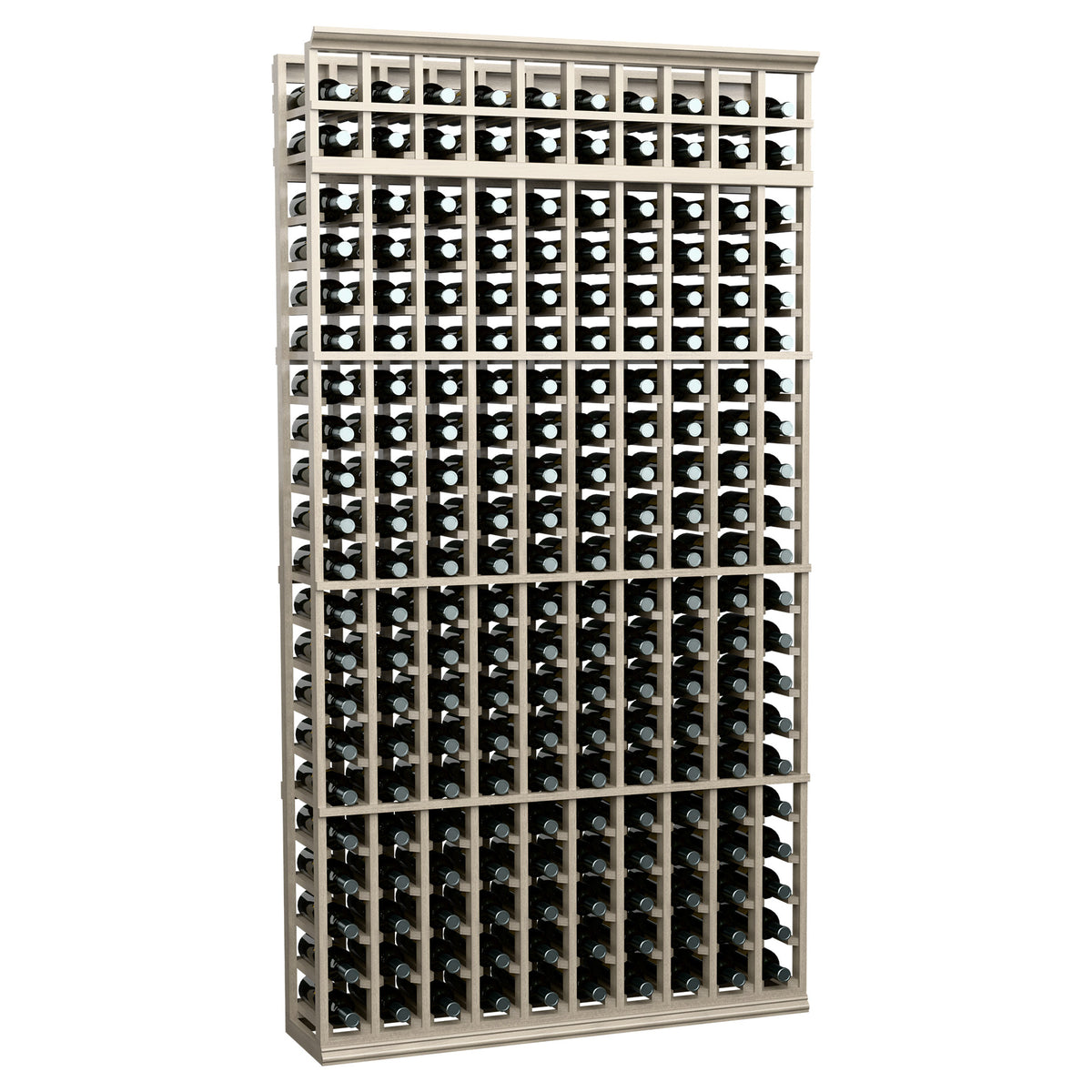 Wine bottle rack with light gray lattice shelves for holding bottles in rows