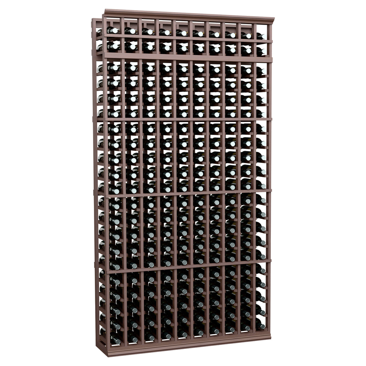 Tall wine bottle storage rack with dark brown wooden frame and bottle-holder grid