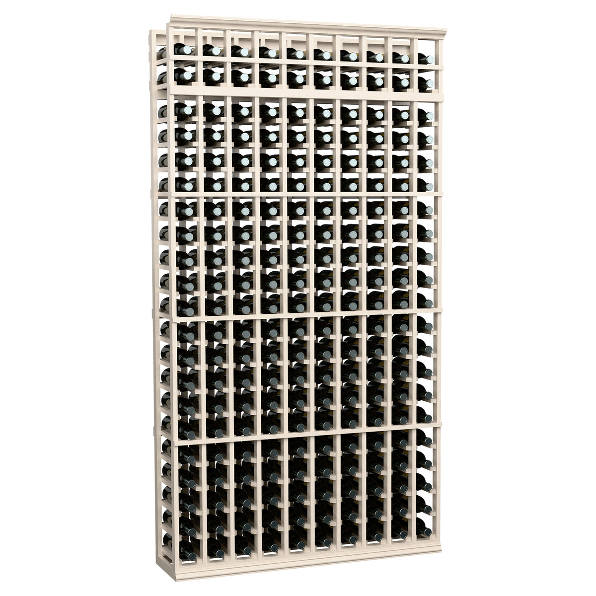 Wine bottle rack with whitewashed lattice shelves holding bottles in uniform rows