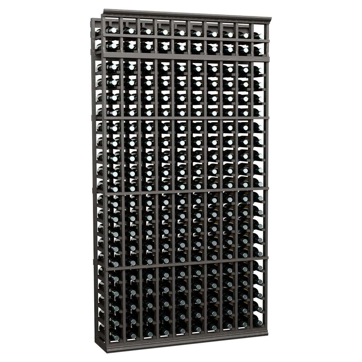 Black metal wine bottle rack with 10 columns, tall front display