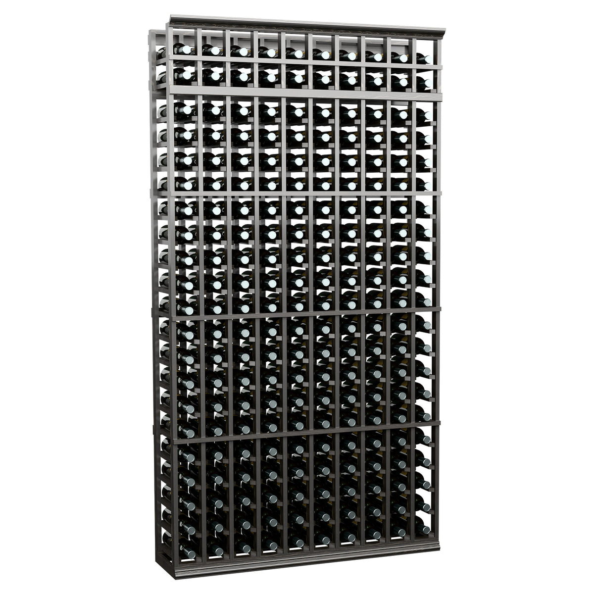 Black metal wine bottle rack with 10 columns, front view storage grid