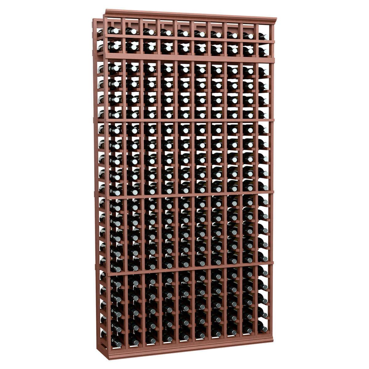 Red-brown wood wine bottle rack with 10 columns and metal bottle grid