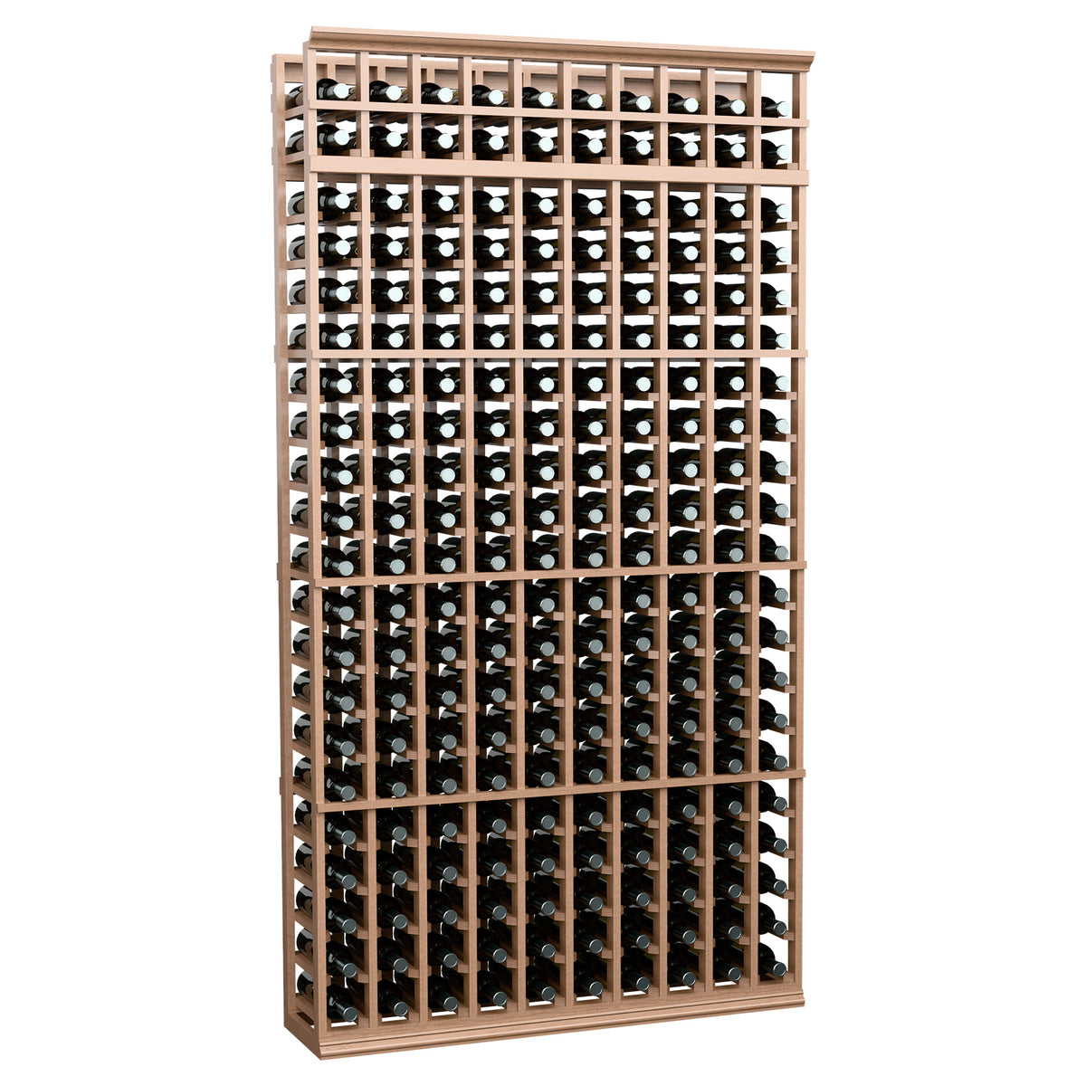 Light wood wine bottle rack with 10 columns, front view bottle display