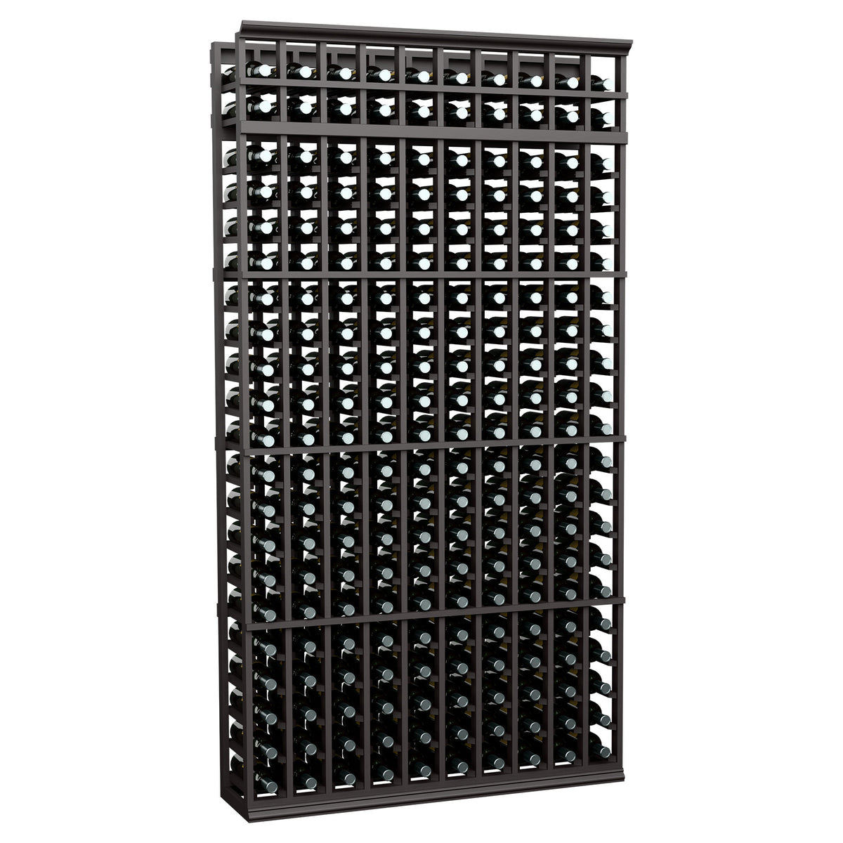 Black metal wine bottle rack with 10 columns, tall front storage display