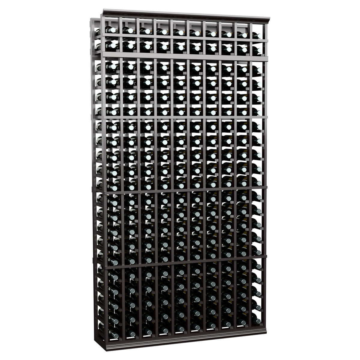 Black metal wine bottle rack with 10 columns, front view bottle grid