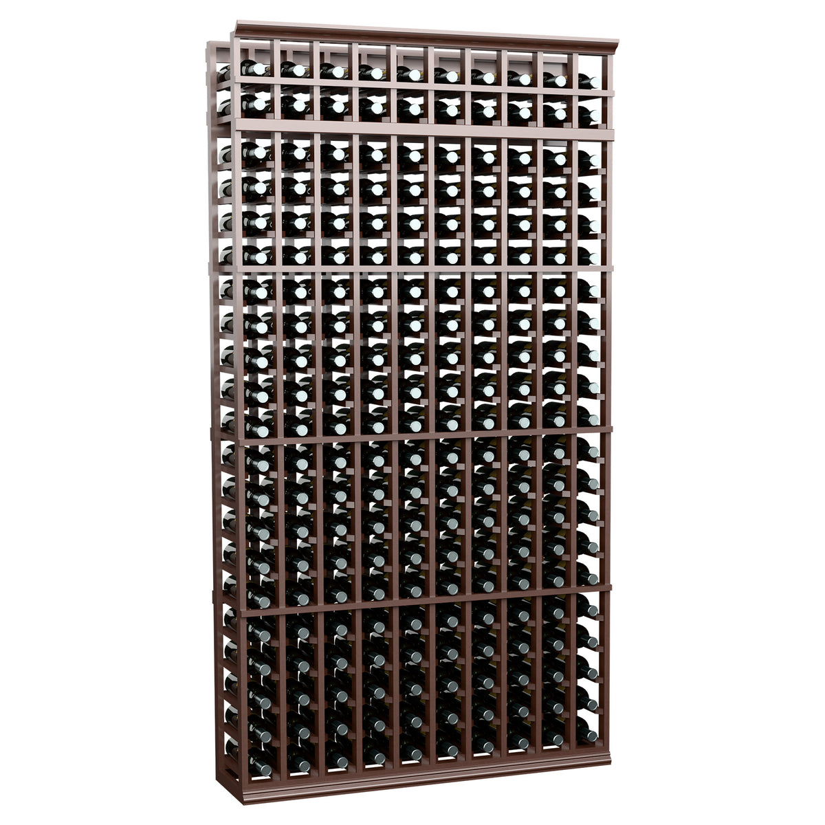 Dark-stained wood 10-column wine bottle rack with bottle grid, 7 ft tall