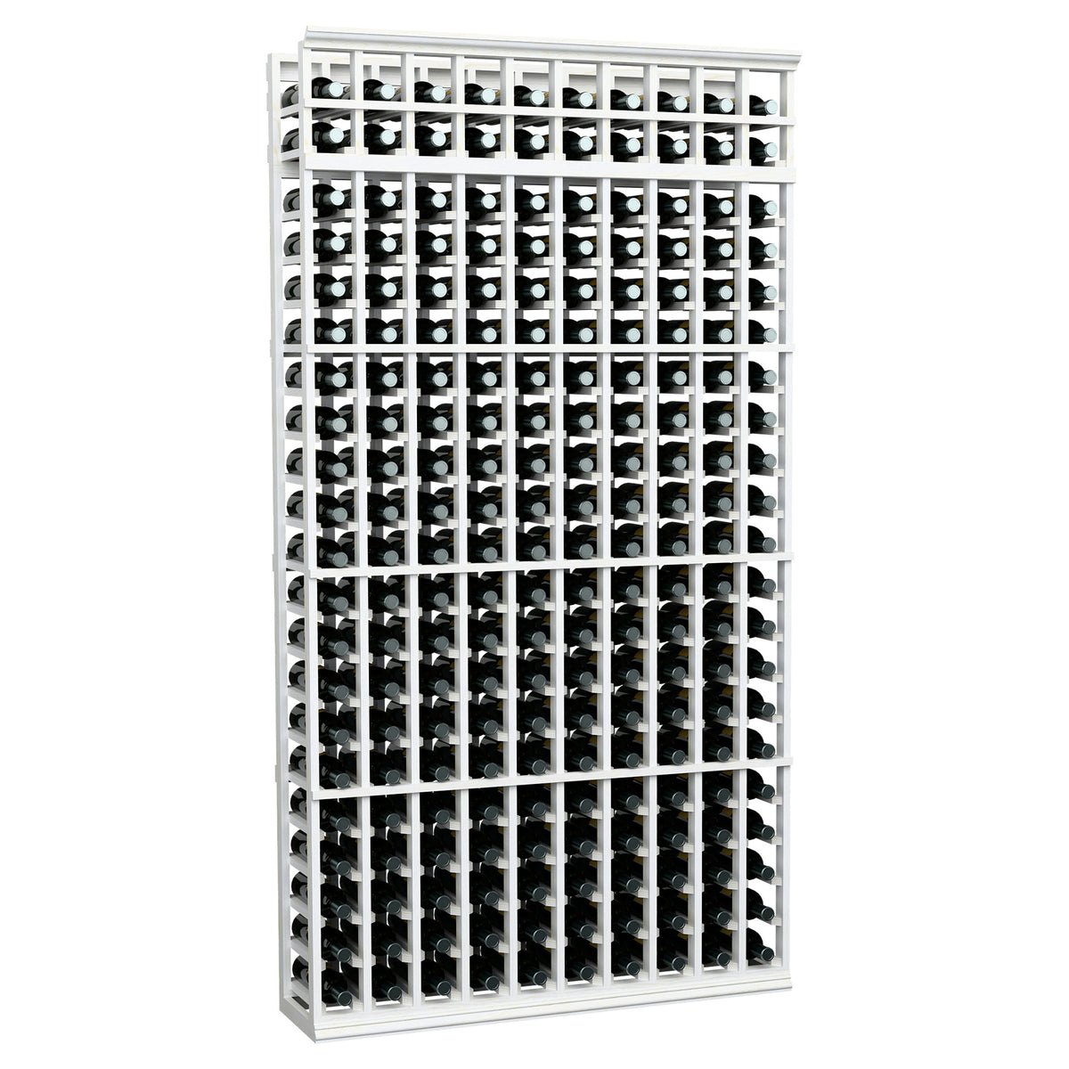White-painted wood wine bottle rack with 10 columns and bottle grid, 7 ft tall