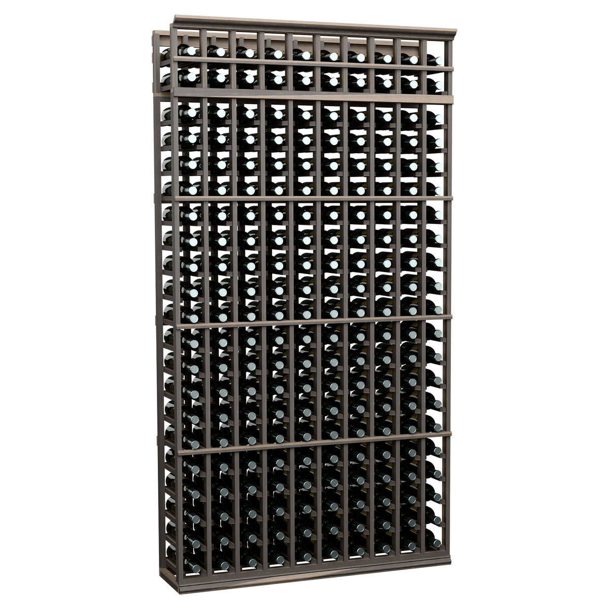 10-column wine bottle rack, 7 ft, black frame with grid shelves and bottle slots