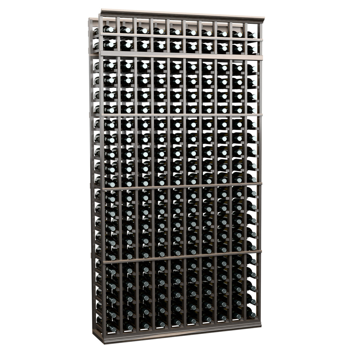 10-column wine bottle rack, 7 ft, black frame with bottle-filled grid and shelves