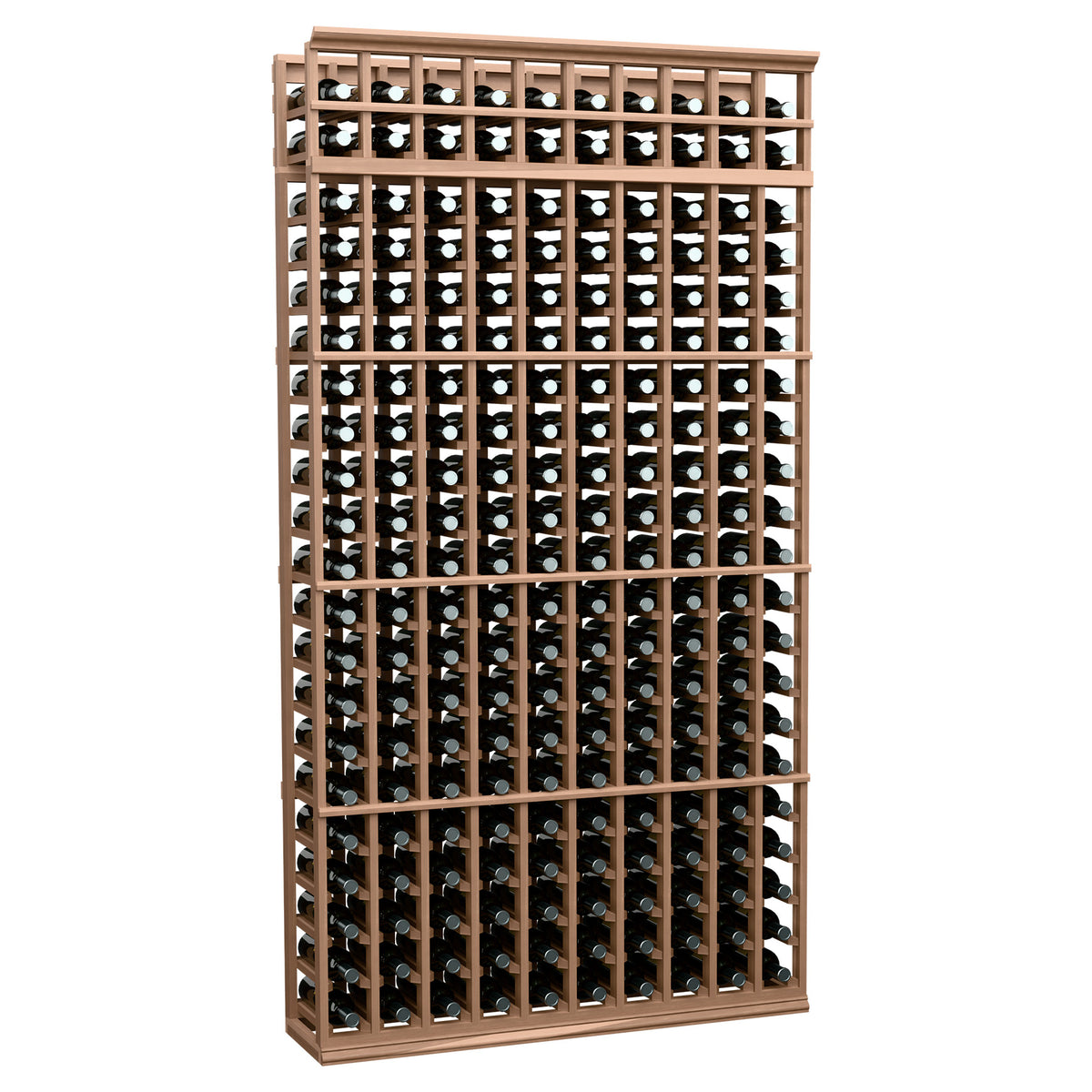 10-column wine bottle rack, 7 ft, light wood frame with grid shelves and bottle slots