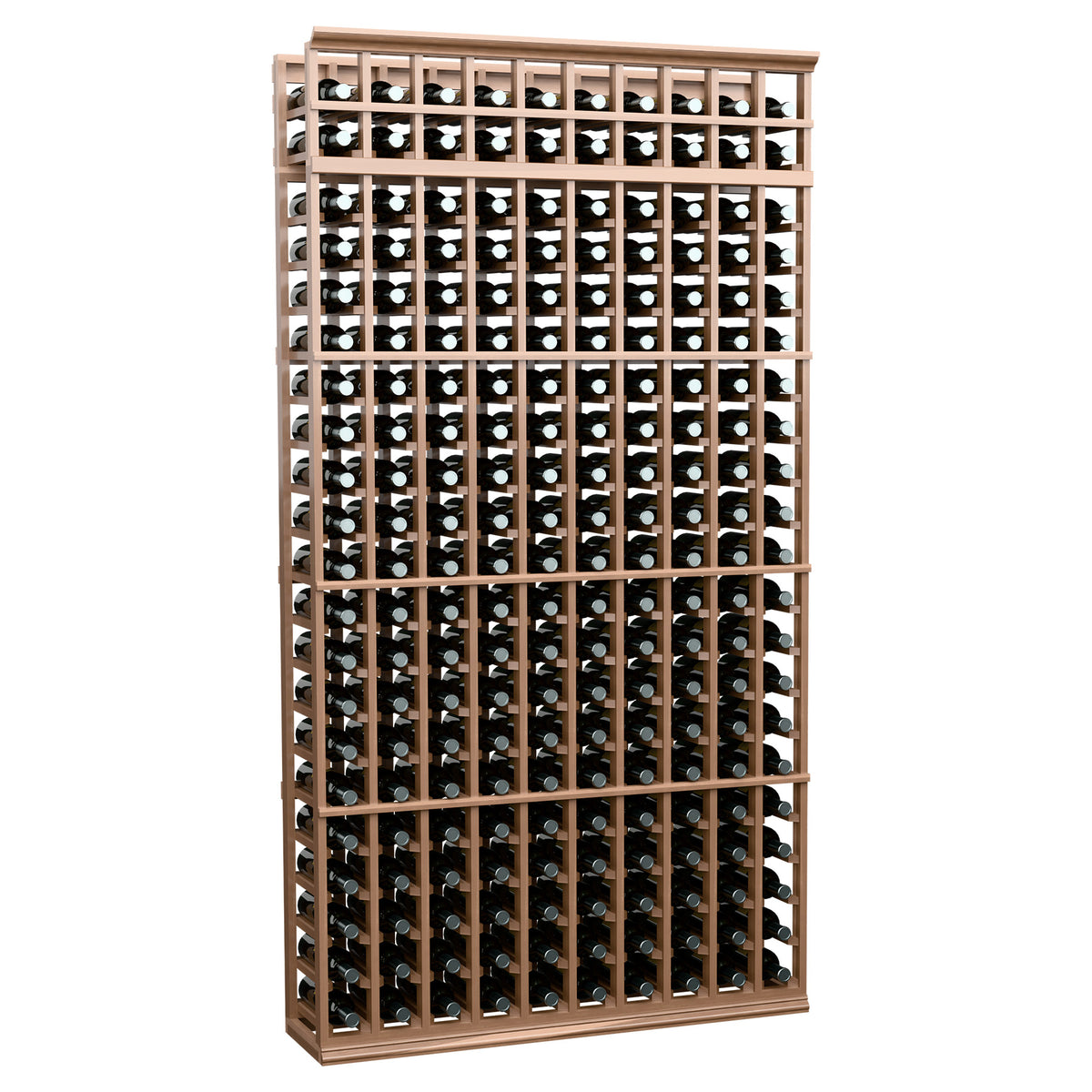 10-column wine bottle rack, 7 ft, light wood frame with bottle-filled grid shelves